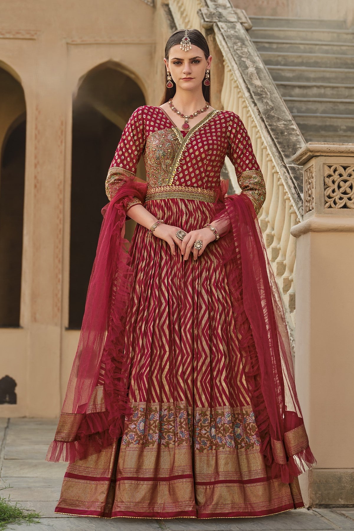 Burgundy Embellished Premium Silk Anarkali Set