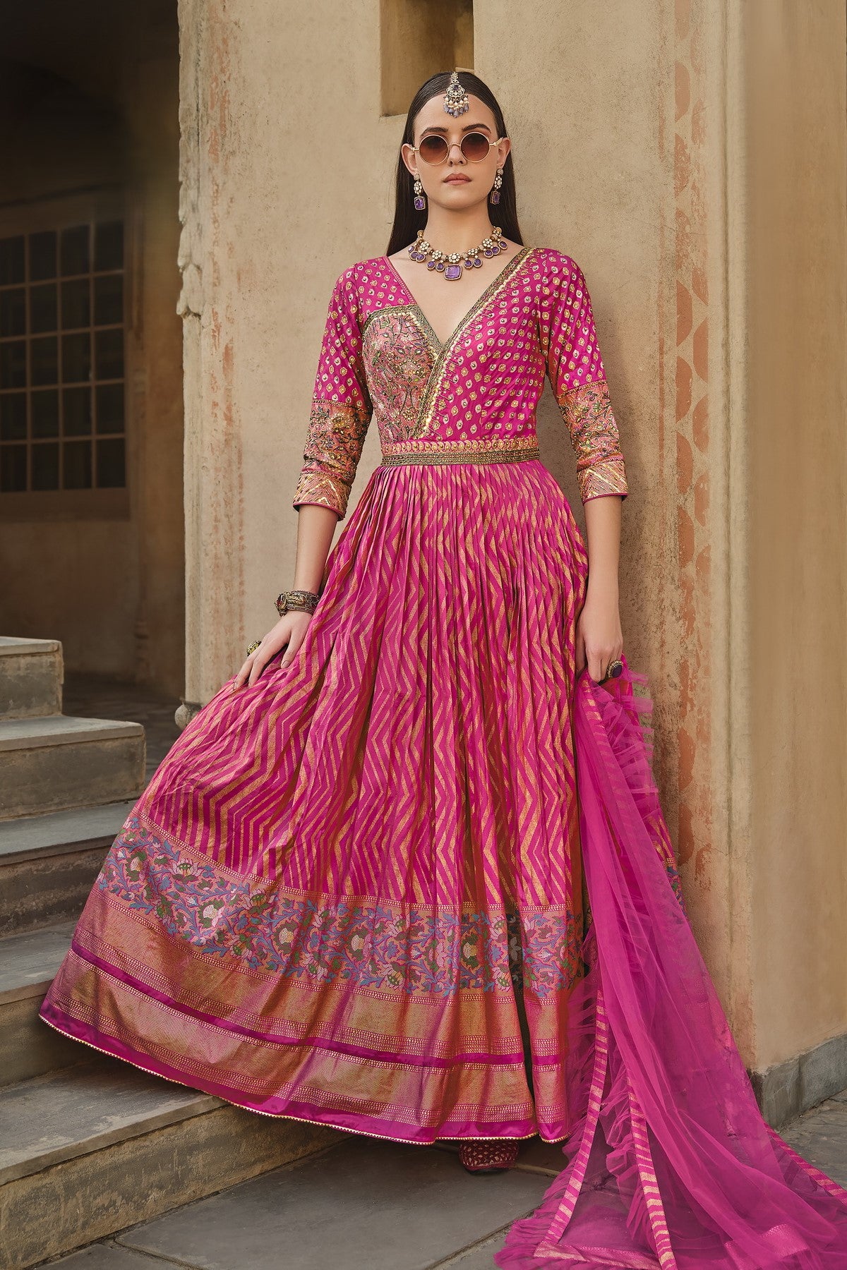 Pink Embellished Premium Silk Anarkali Set