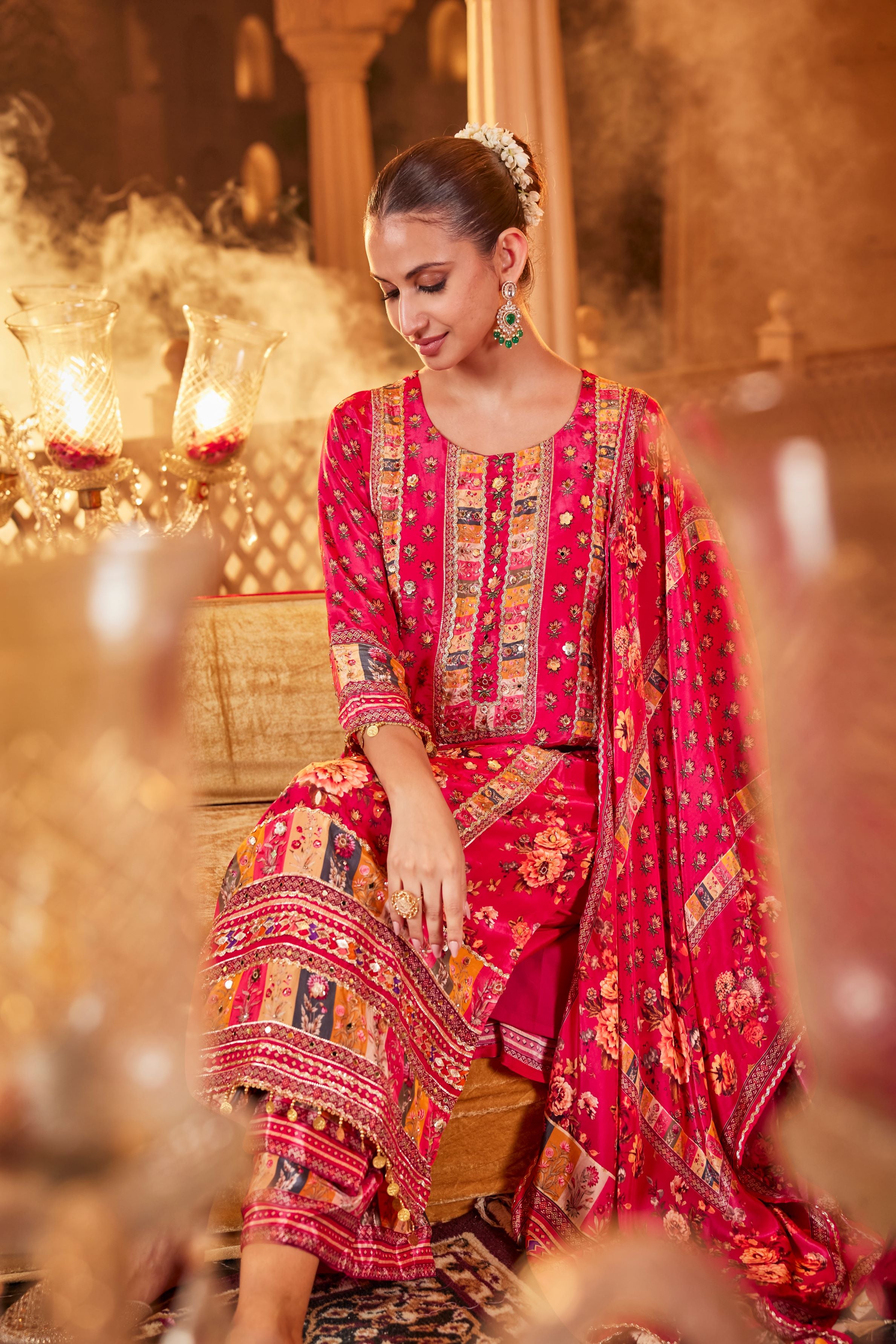 Ruby Pink Ethnic Printed Crepe Silk Palazzo Set