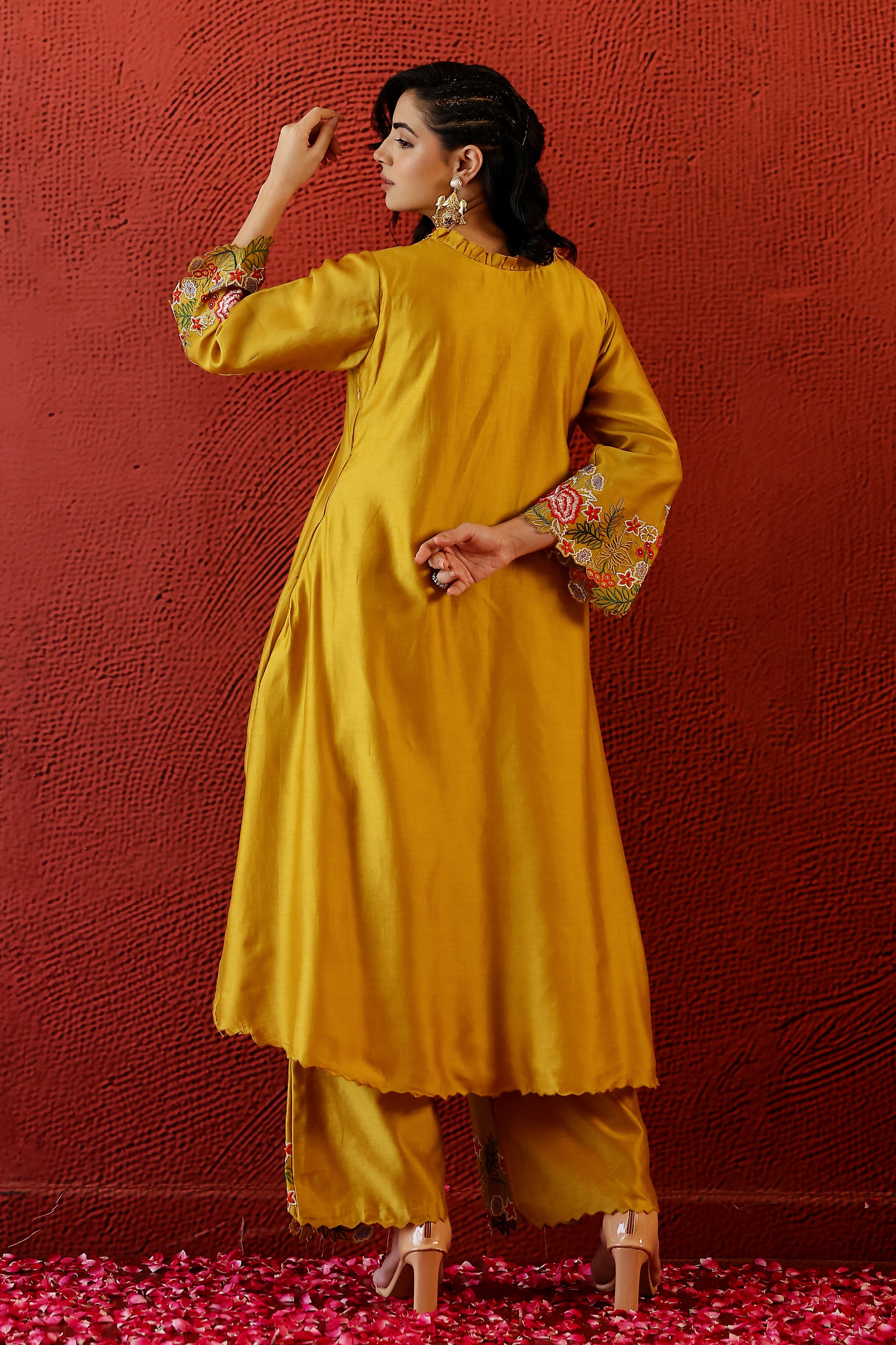 Classic Yellow Embroidered German Silk Palazzo Set