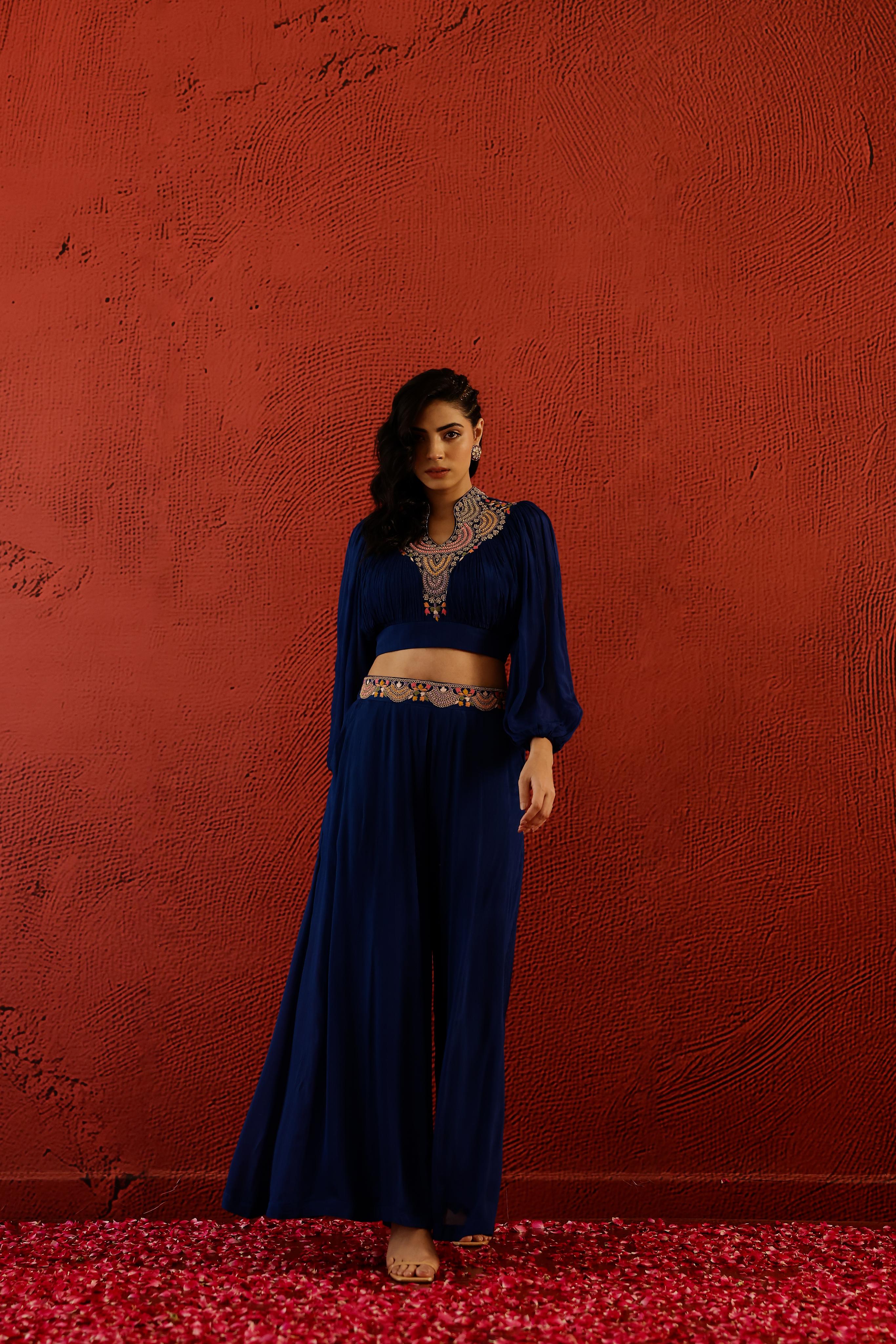 Deep Blue Embroidered Premium Silk Co-Ord Set