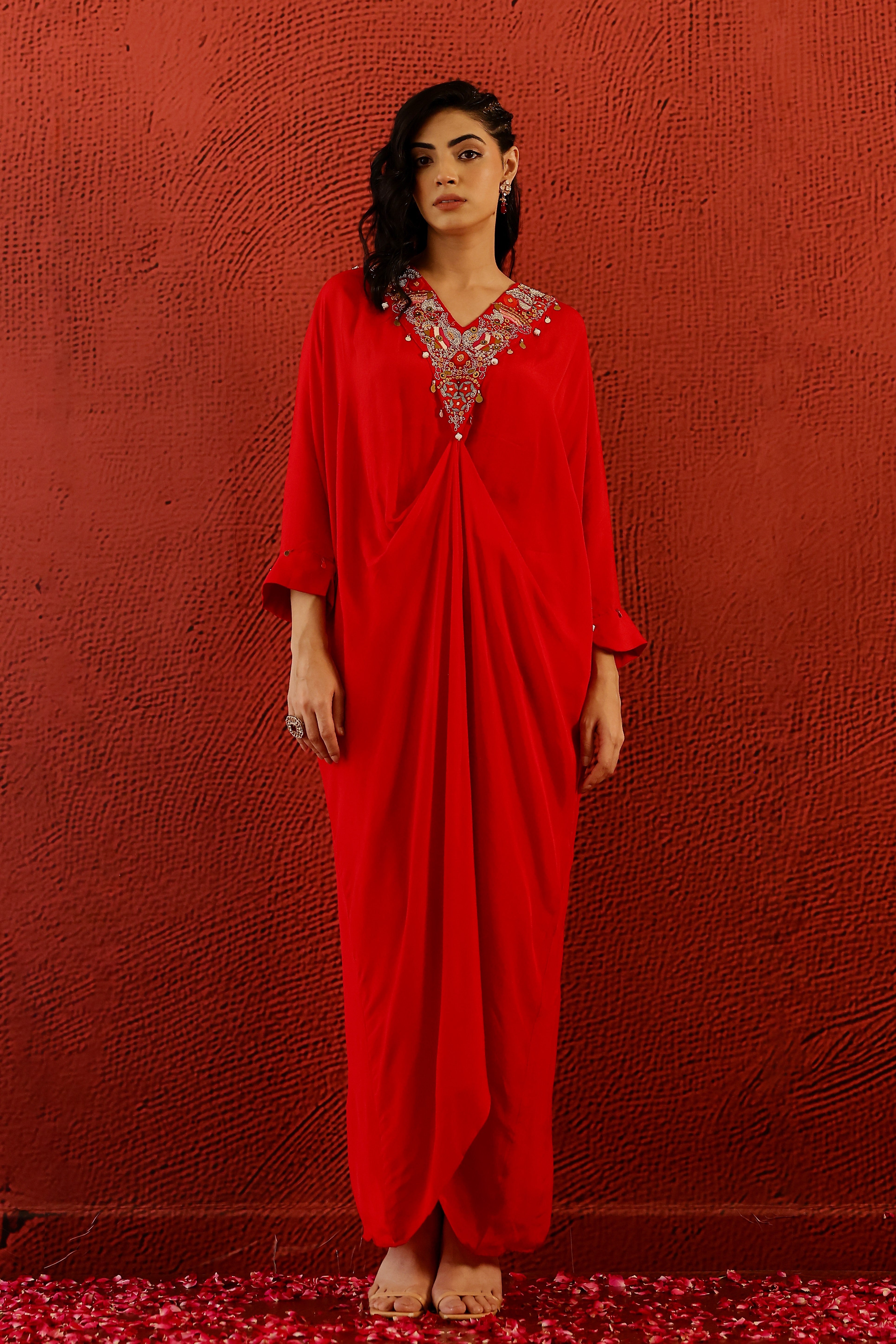 Hot Red Embroidered Premium Chinon Silk Kaftan Kurta Set