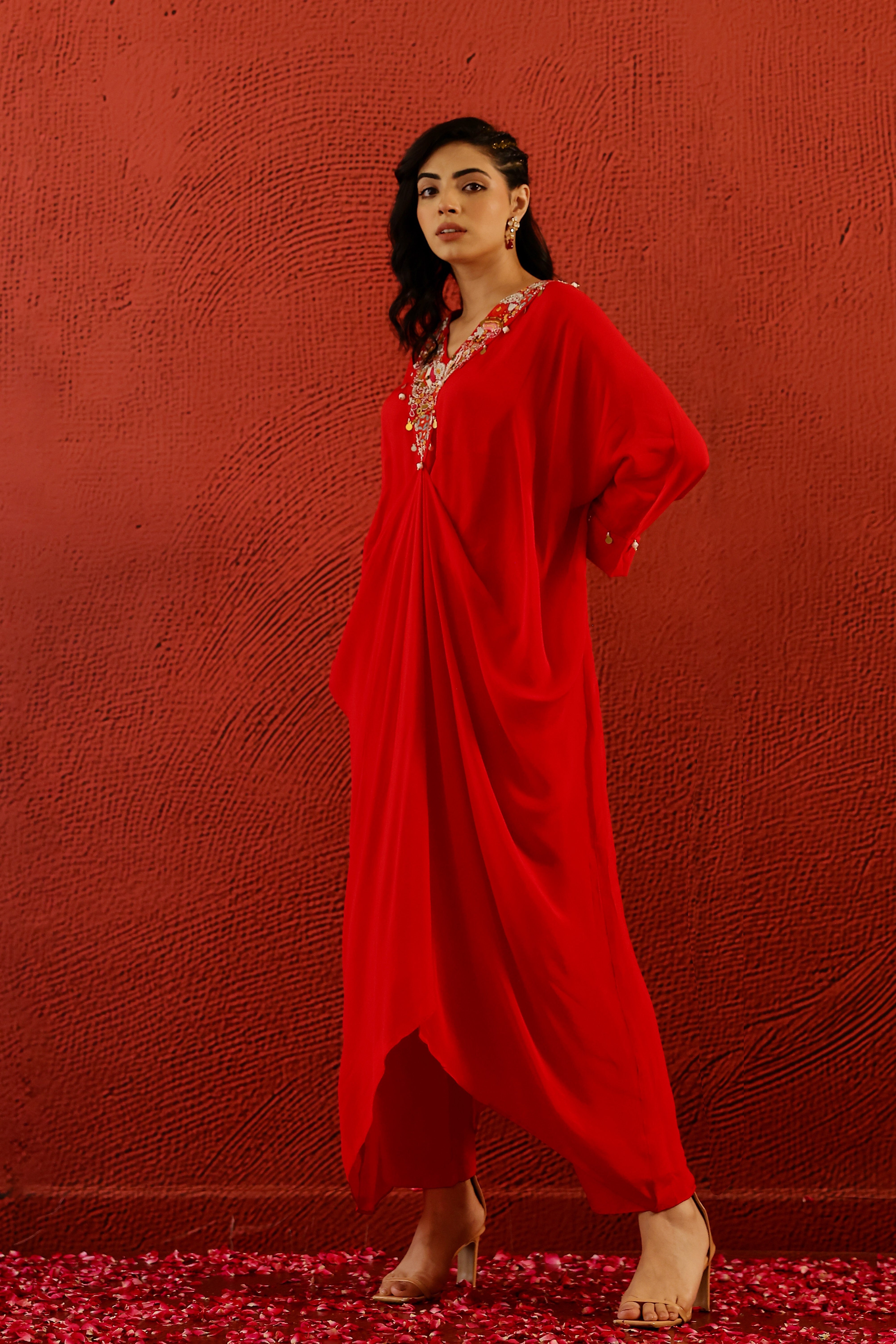 Hot Red Embroidered Premium Chinon Silk Kaftan Kurta Set