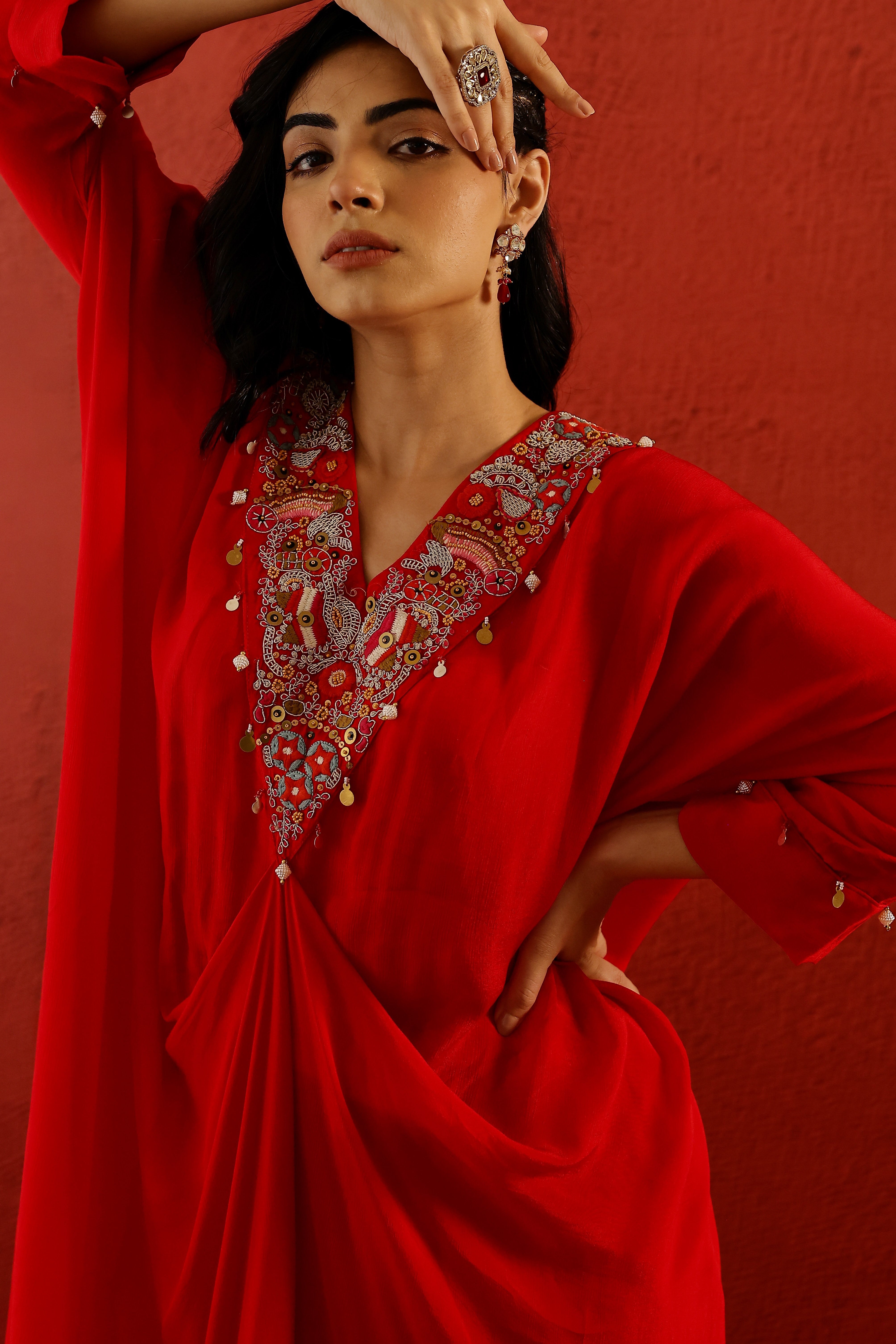 Hot Red Embroidered Premium Chinon Silk Kaftan Kurta Set