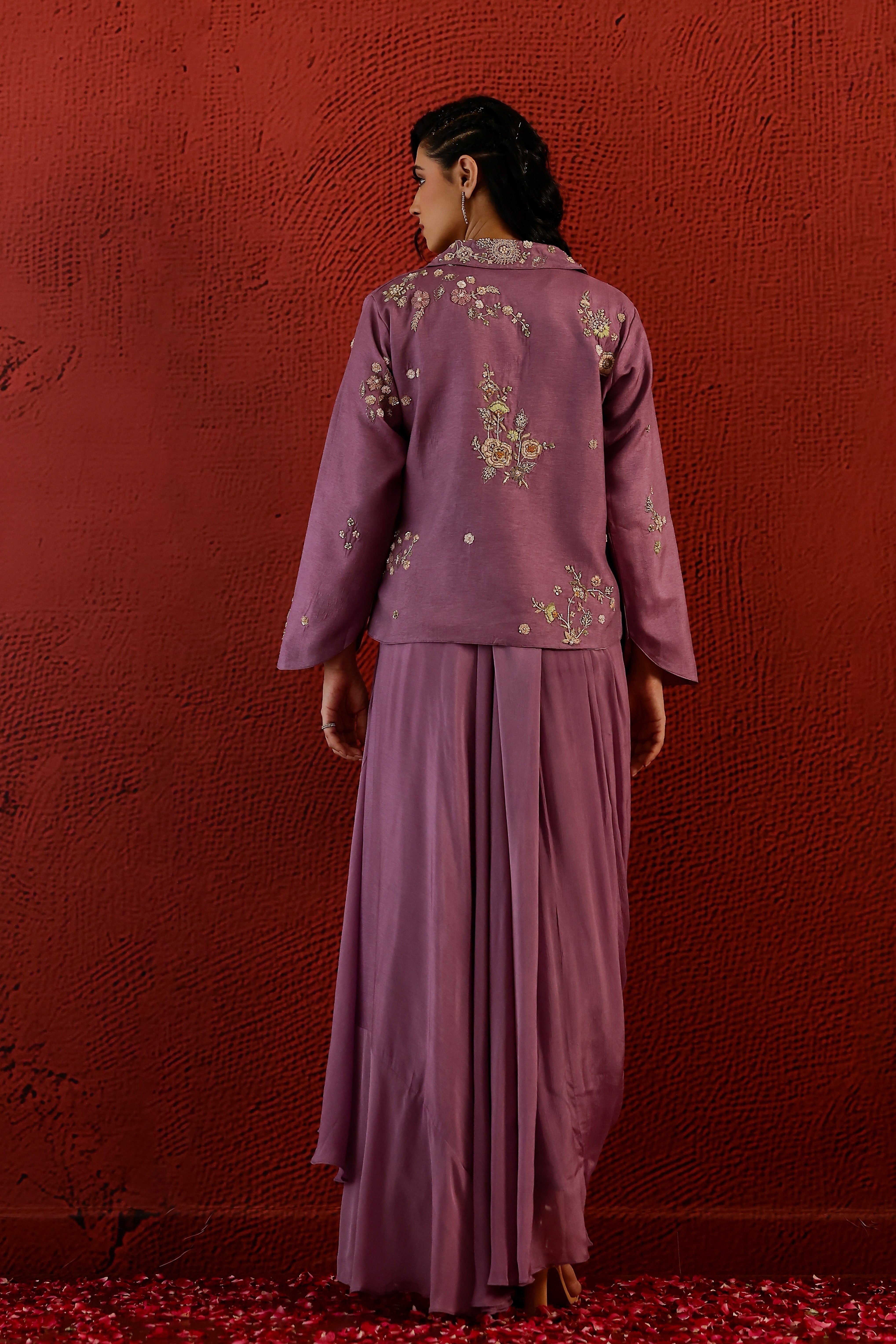 Dusky Pink Embroidered Belgium Silk Jacket & Skirt Set