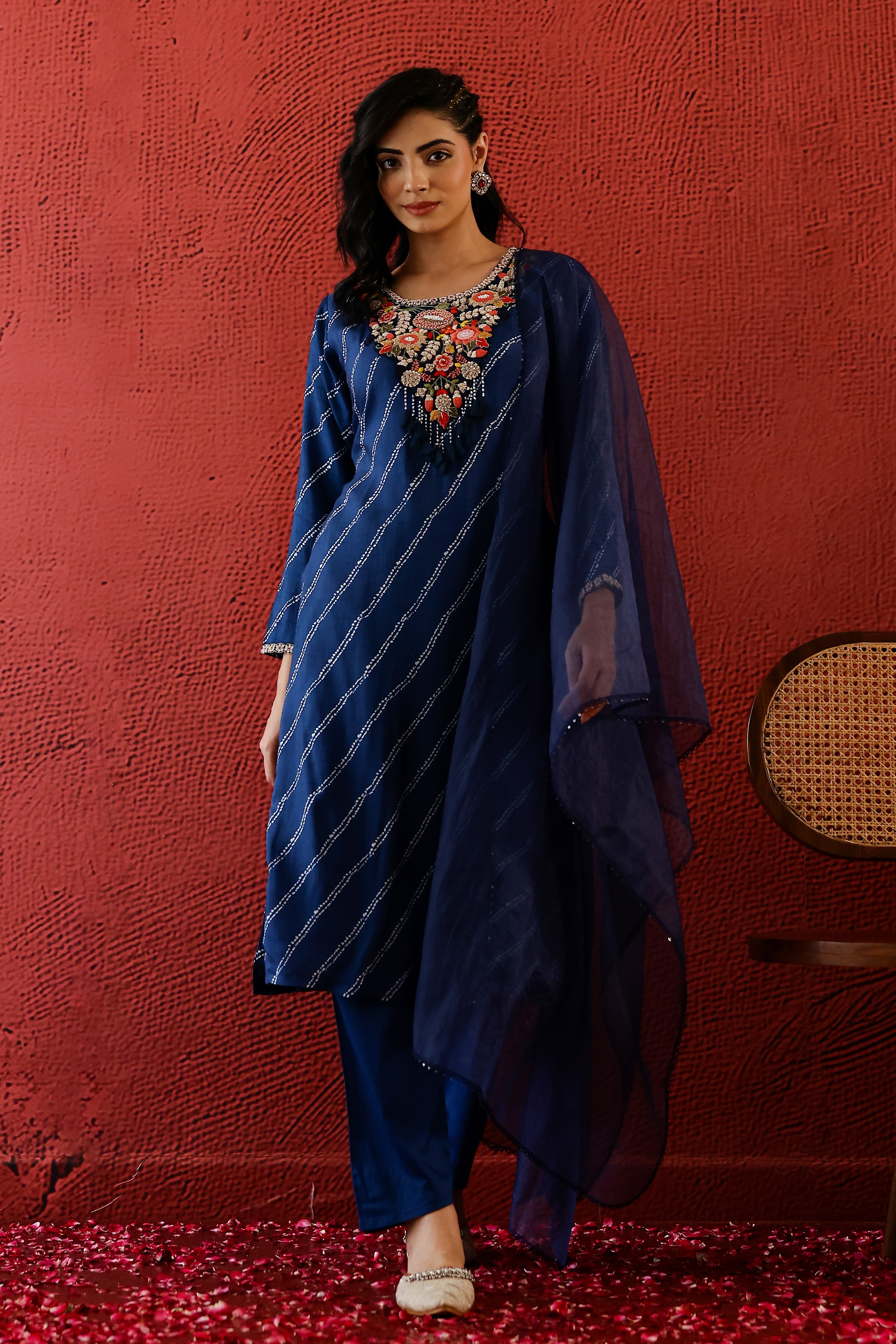 Classic Blue Lehariya Raw Silk Pants Set