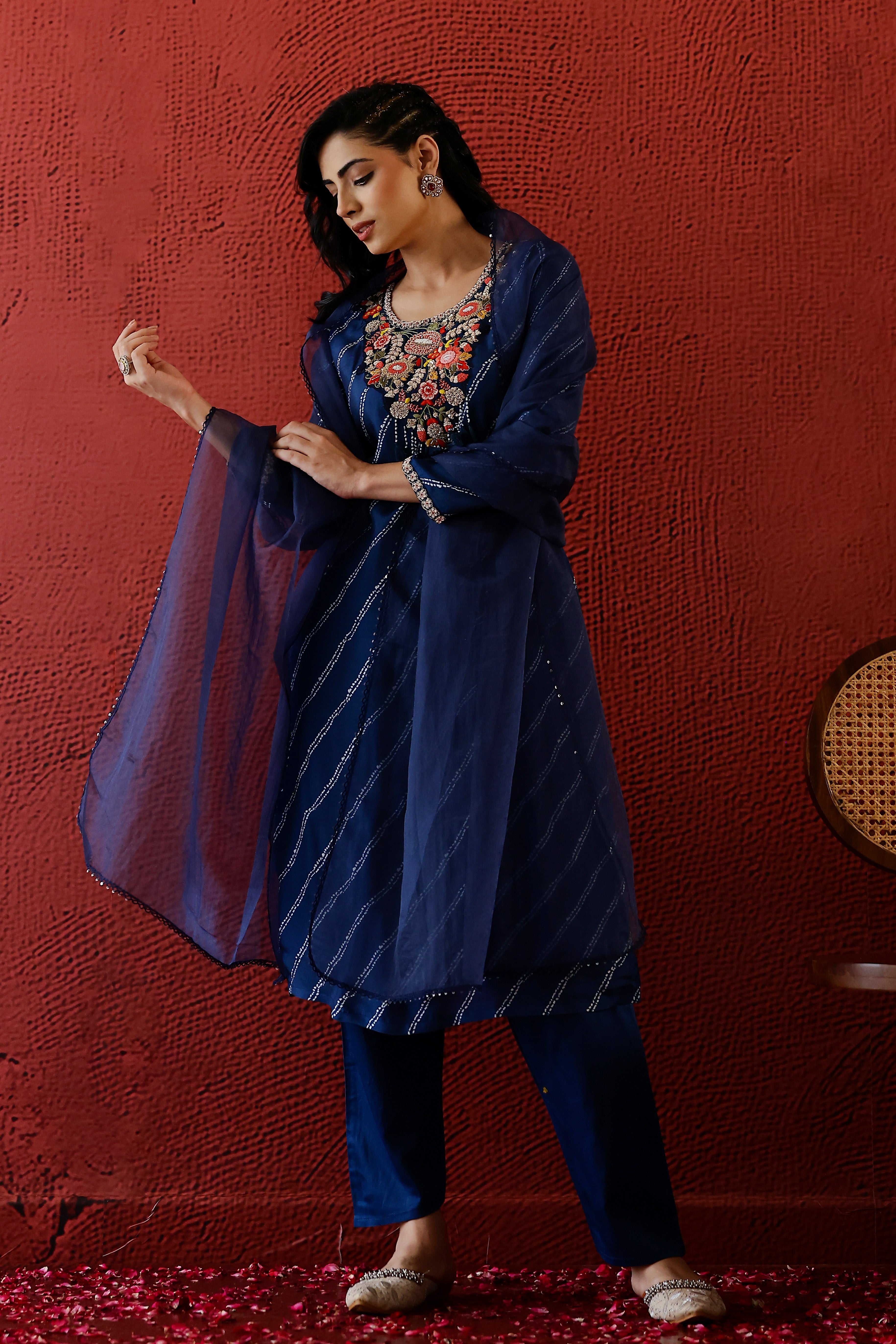 Classic Blue Lehariya Raw Silk Pants Set