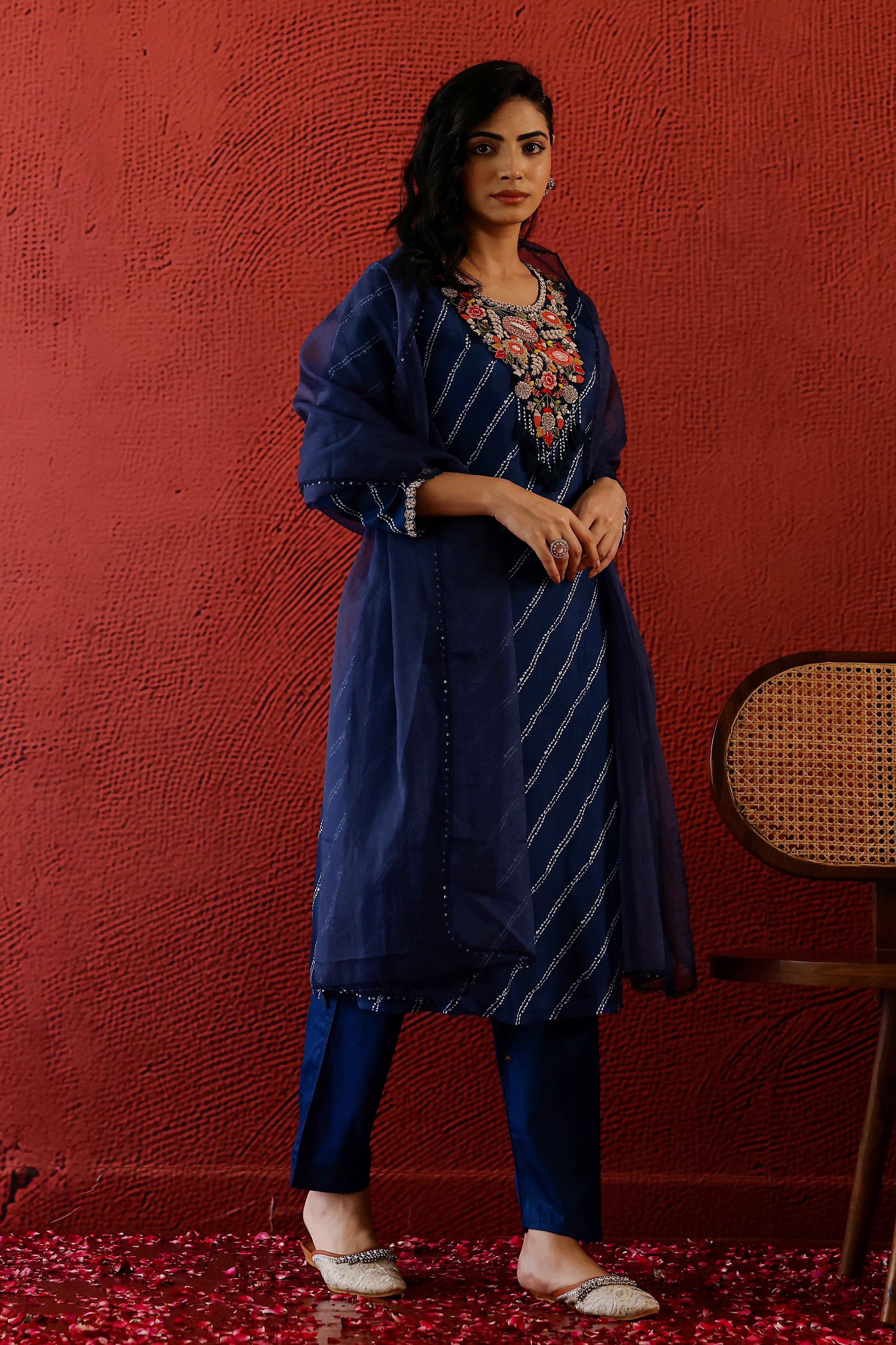 Classic Blue Lehariya Raw Silk Pants Set