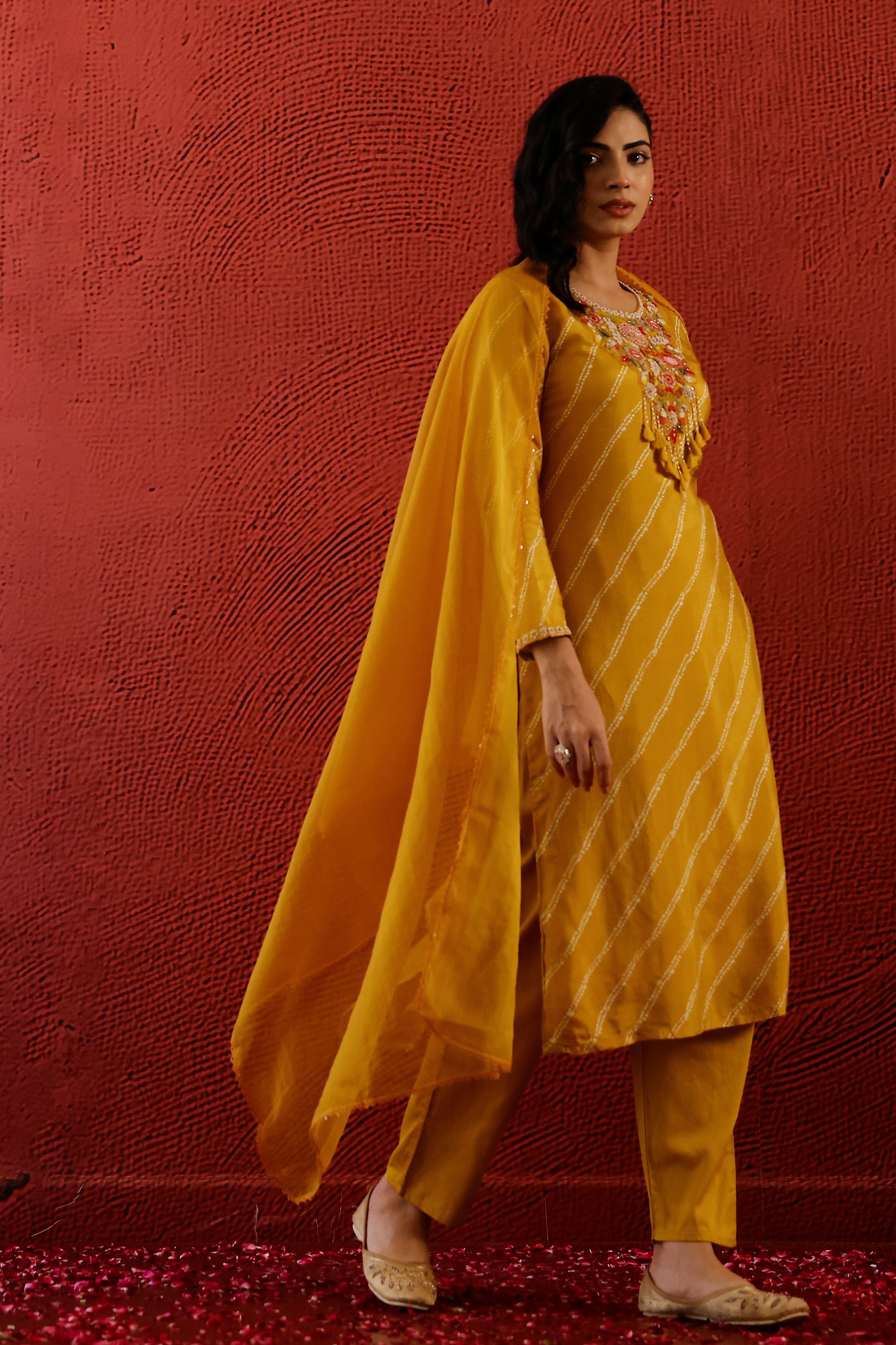 Yellow Lehariya Raw Silk Pants Set