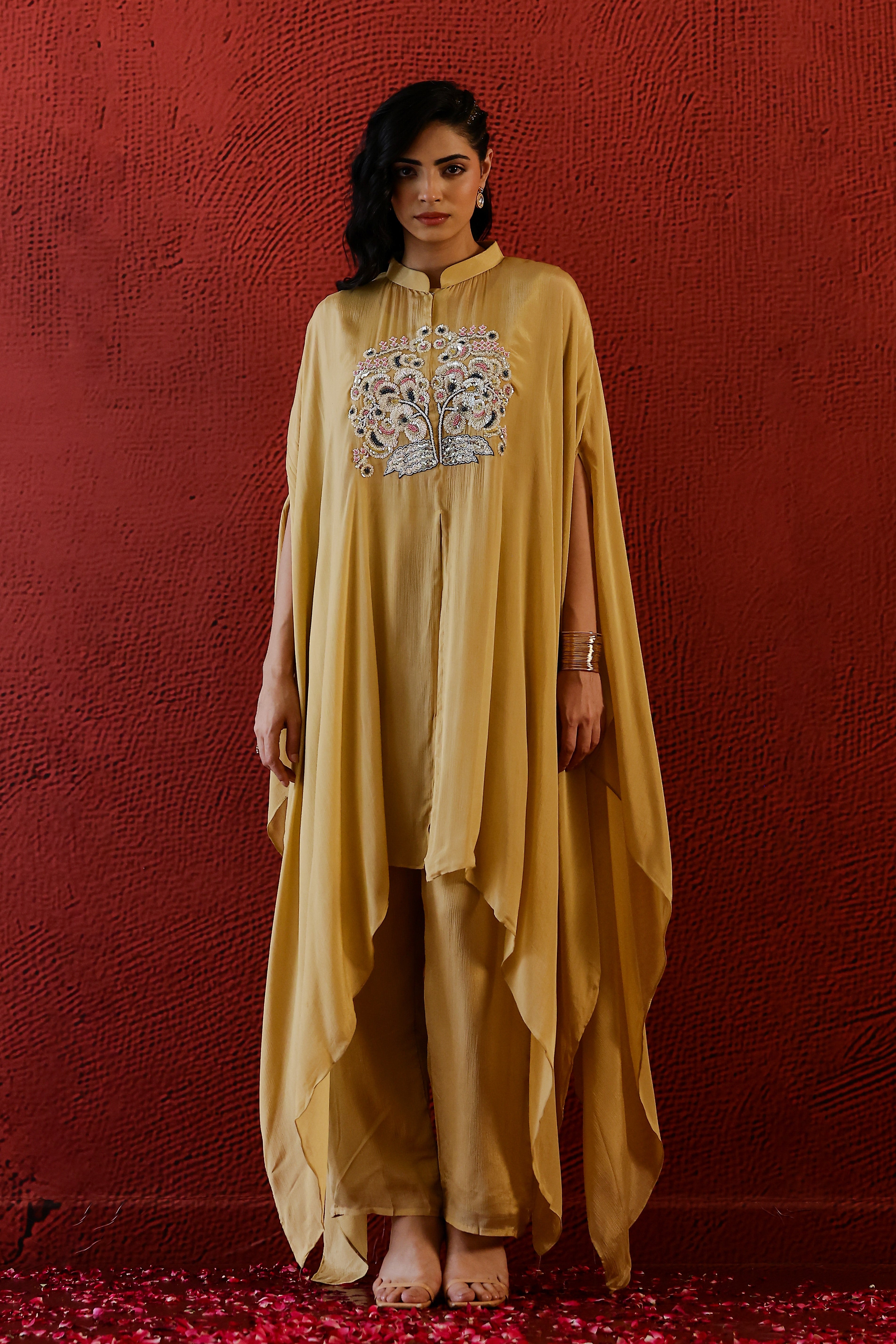 Light Mustard Embroidered Chinon Silk Kaftan Pants Set