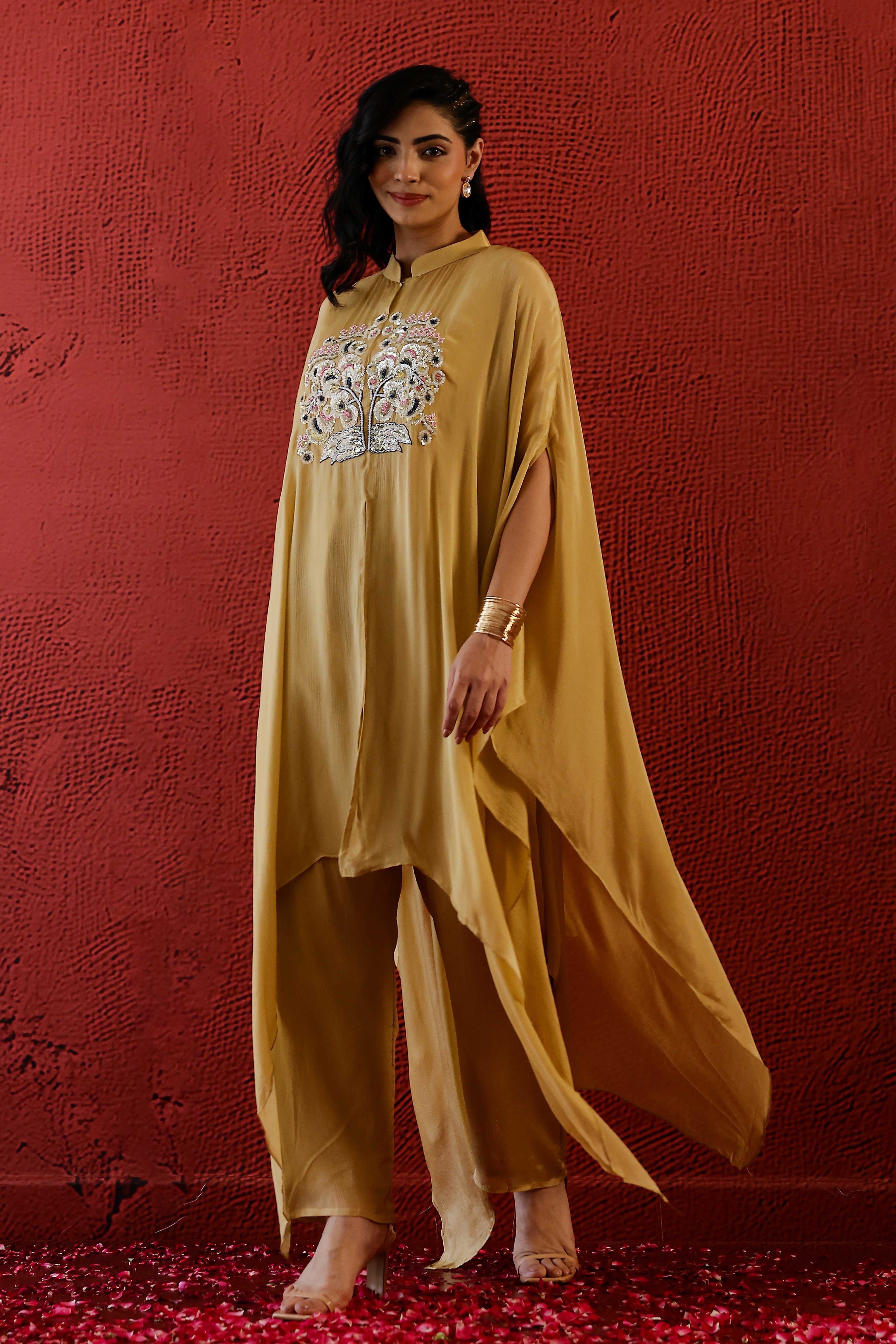 Light Mustard Embroidered Chinon Silk Kaftan Pants Set