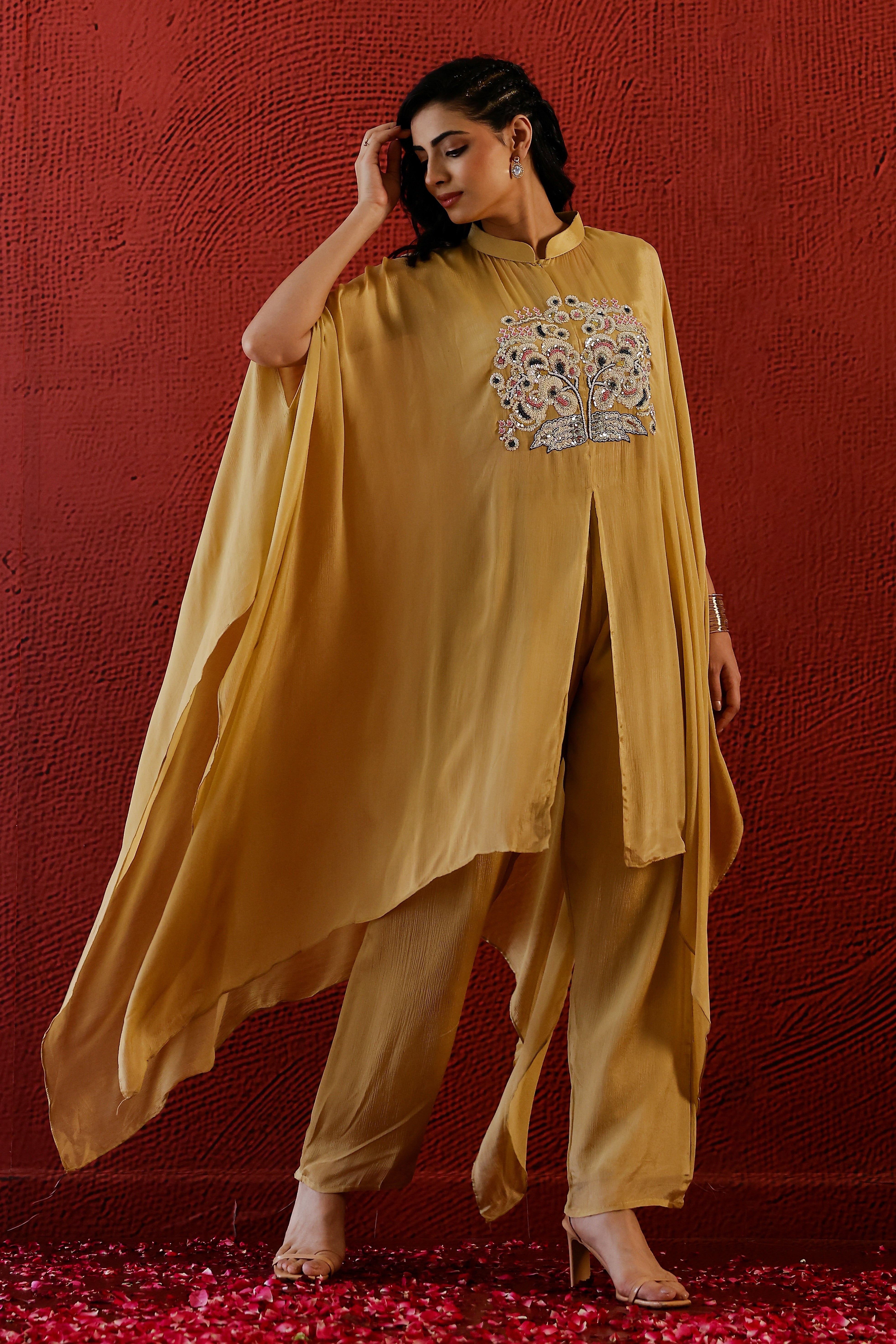 Light Mustard Embroidered Chinon Silk Kaftan Pants Set