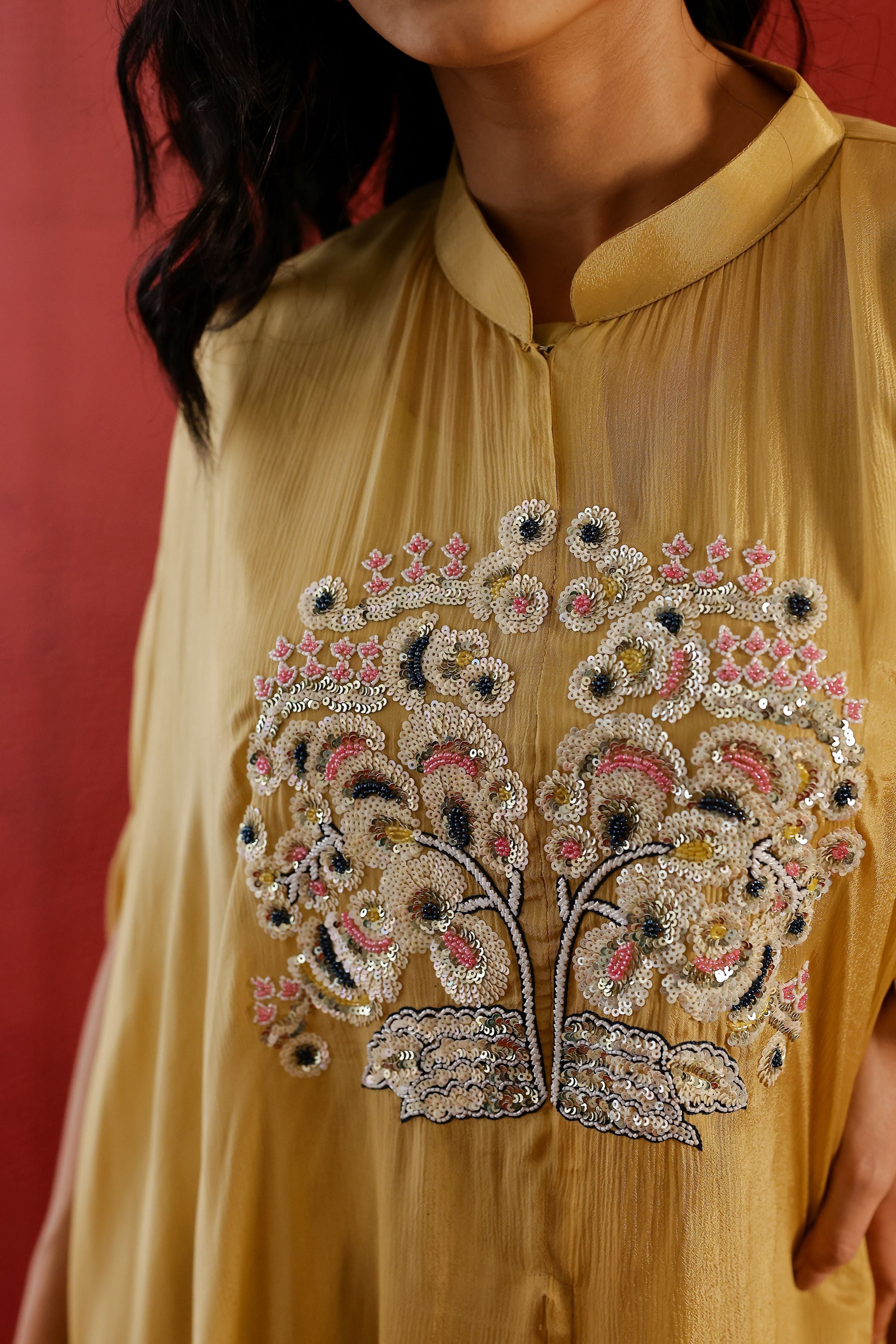 Light Mustard Embroidered Chinon Silk Kaftan Pants Set