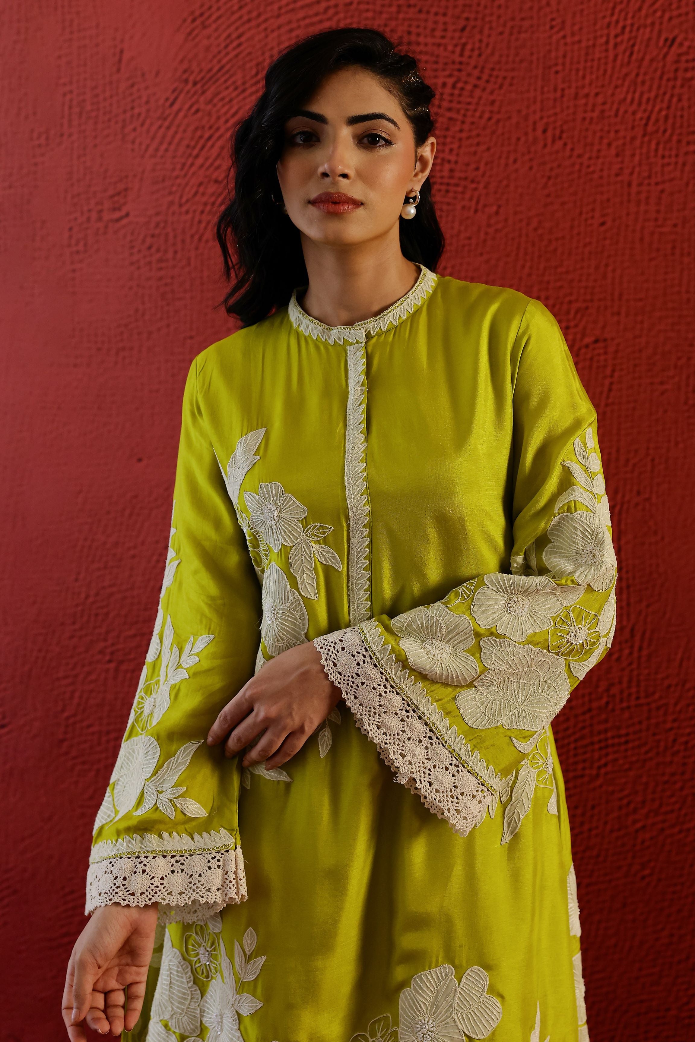 Bright Green Embroidered Belgium Silk Co-Ord Set