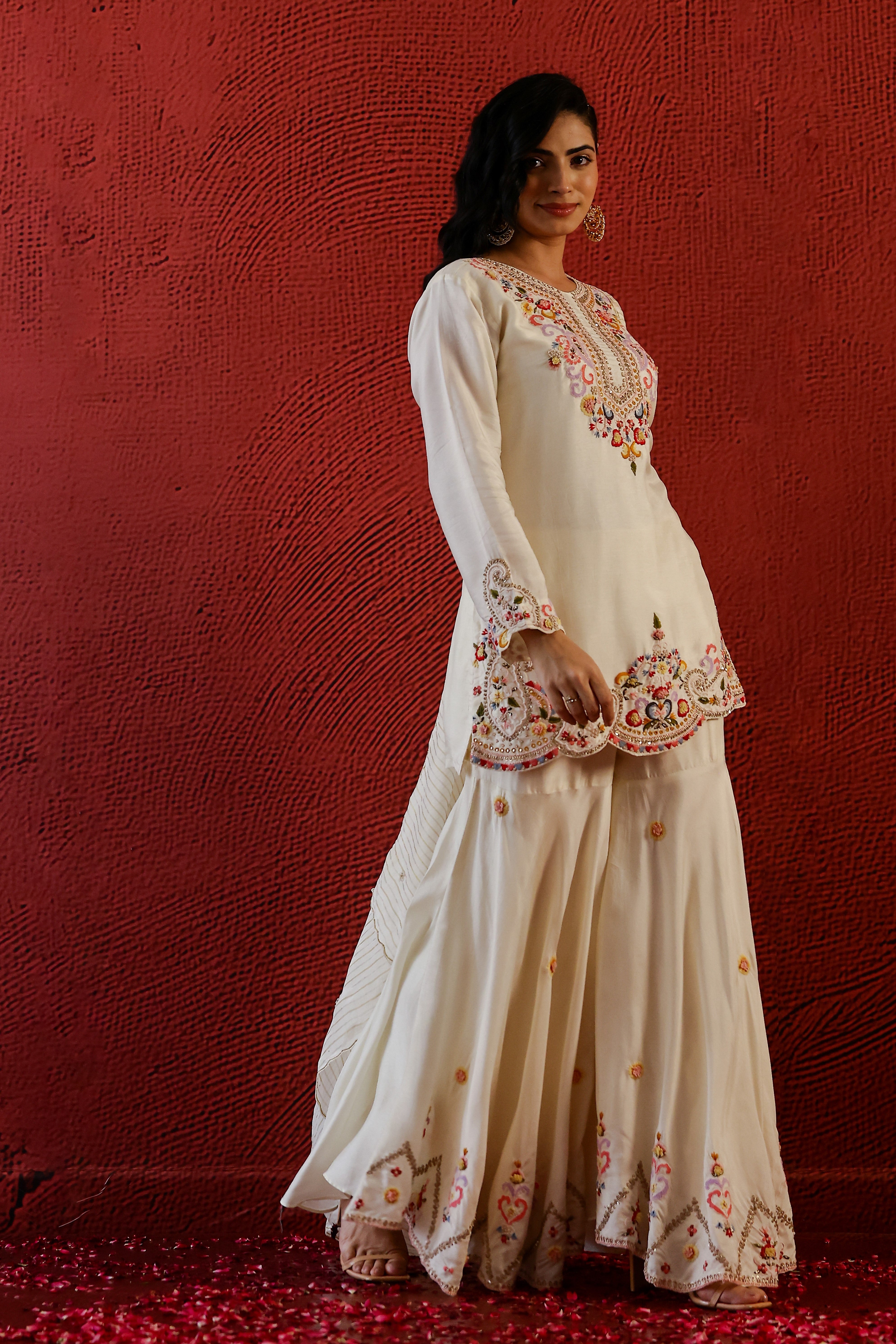 Pastel Cream Belgium Silk Sharara Set