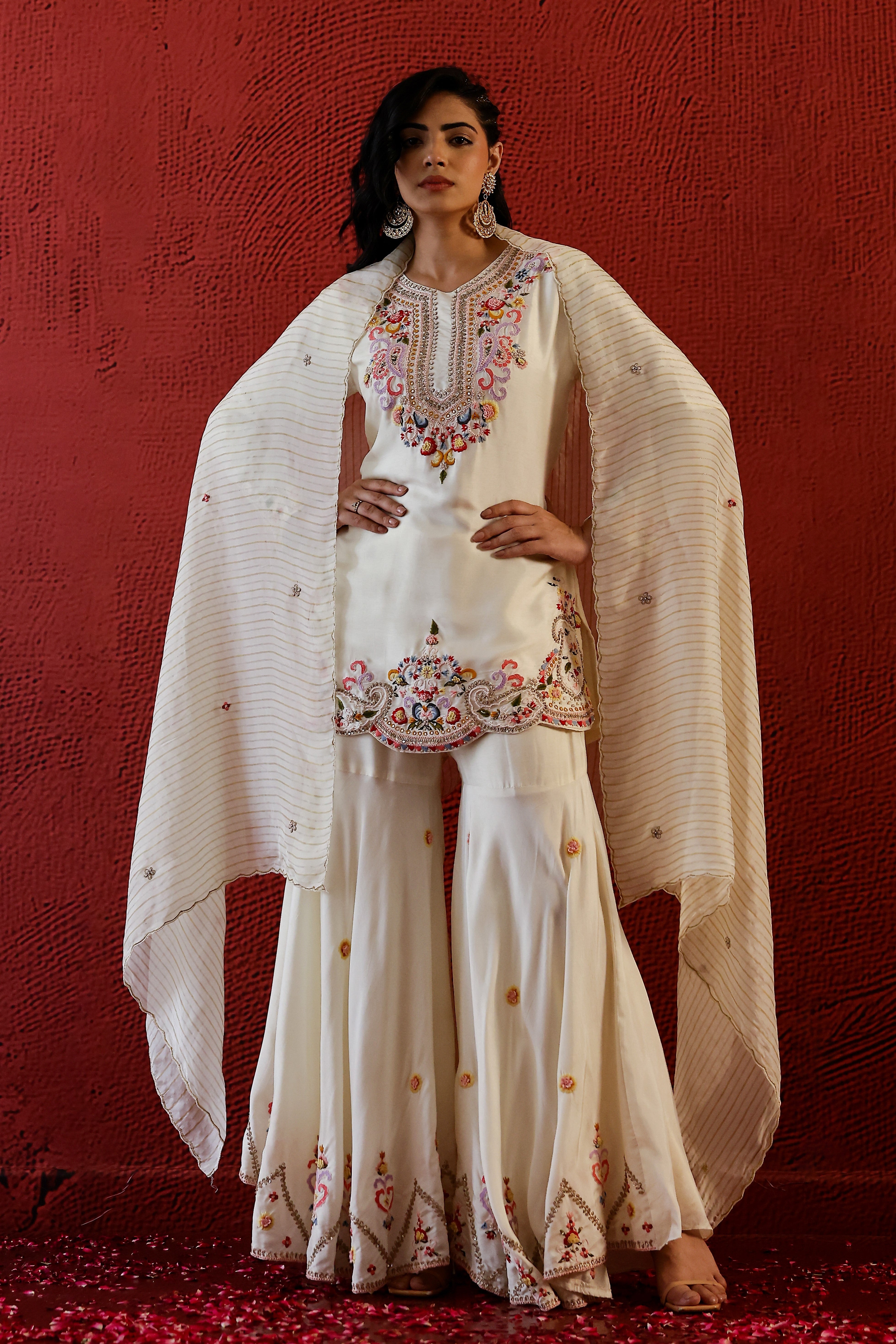 Pastel Cream Belgium Silk Sharara Set