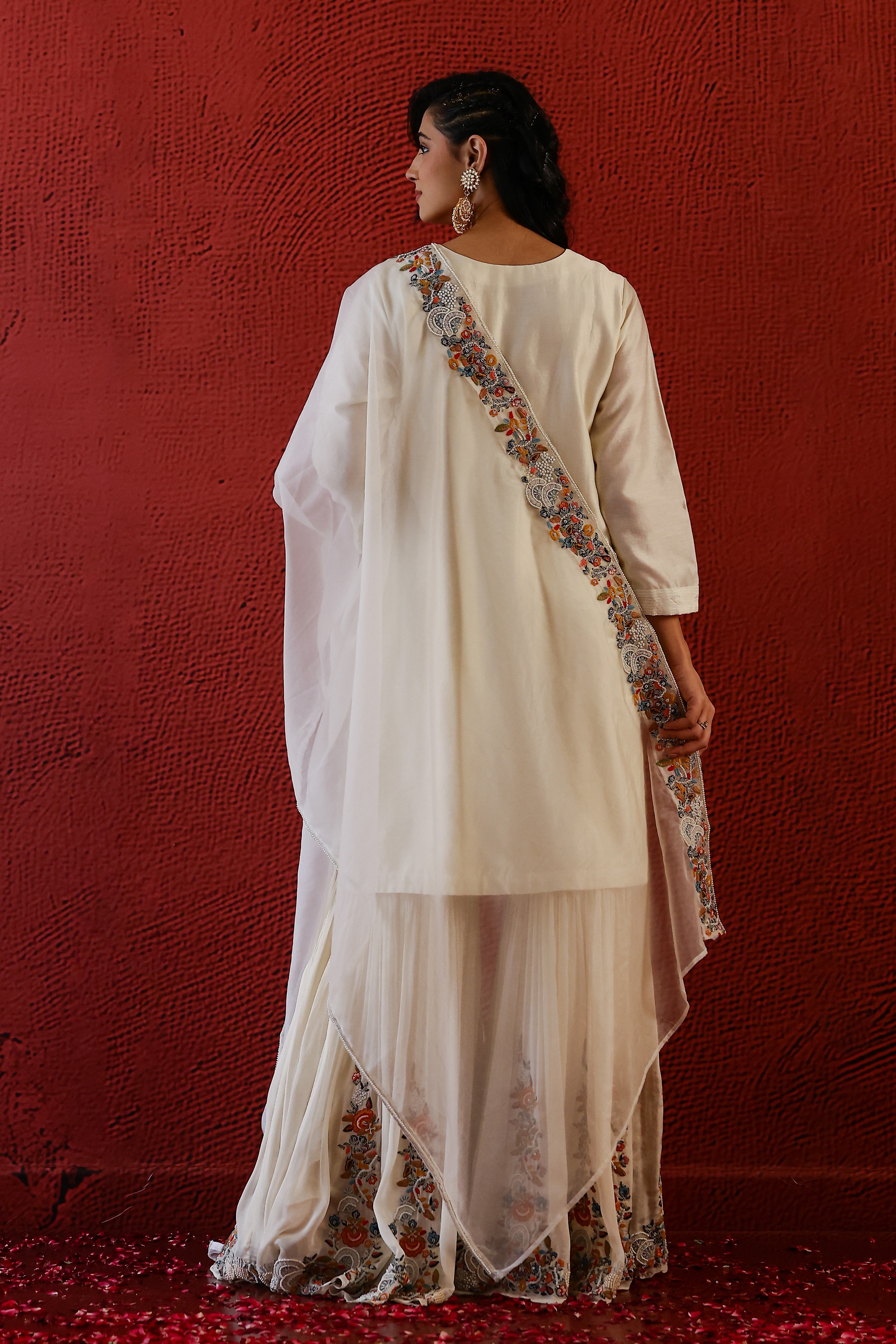 Pastel Cream Embroidered Spanish Silk Sharara Set