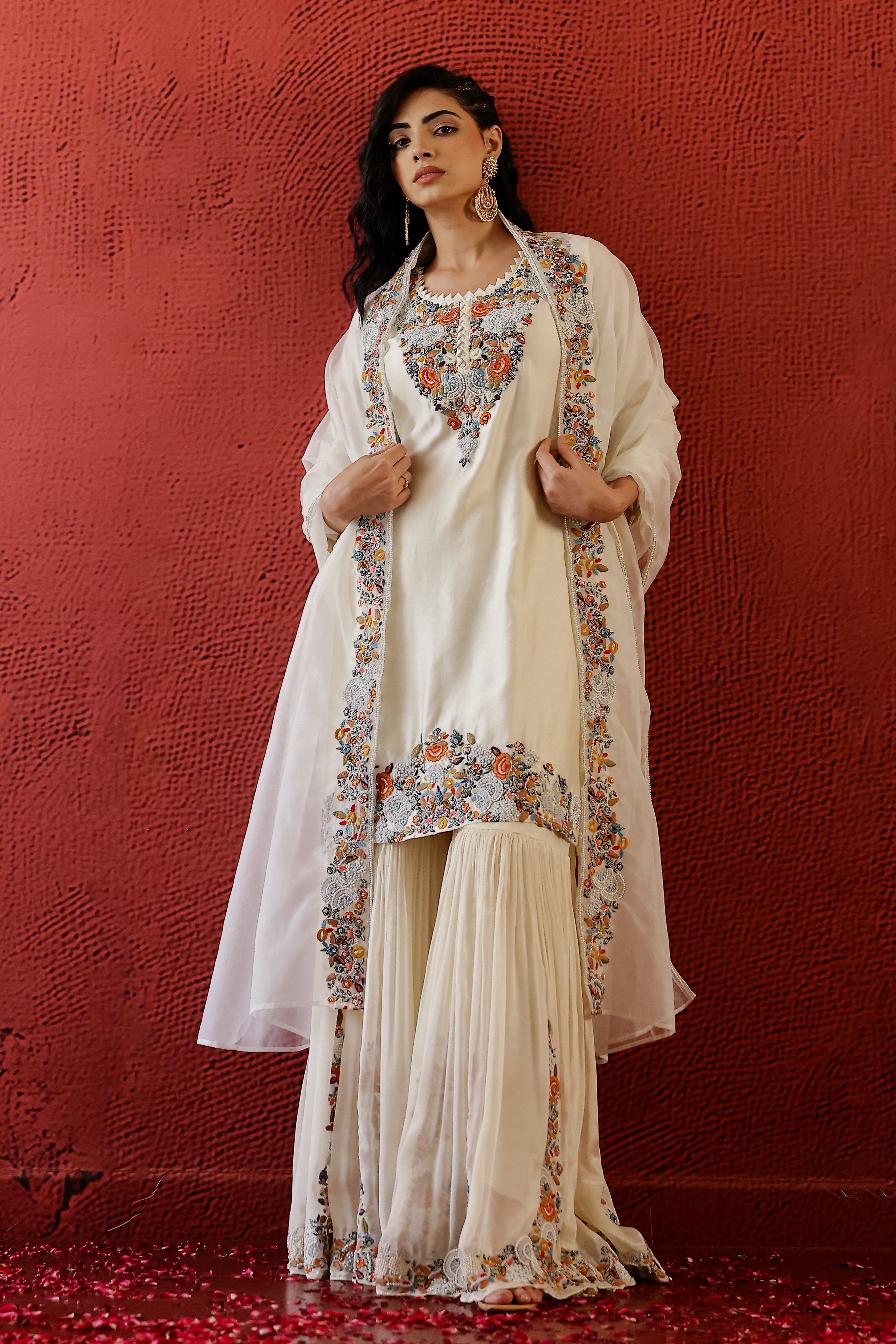 Pastel Cream Embroidered Spanish Silk Sharara Set