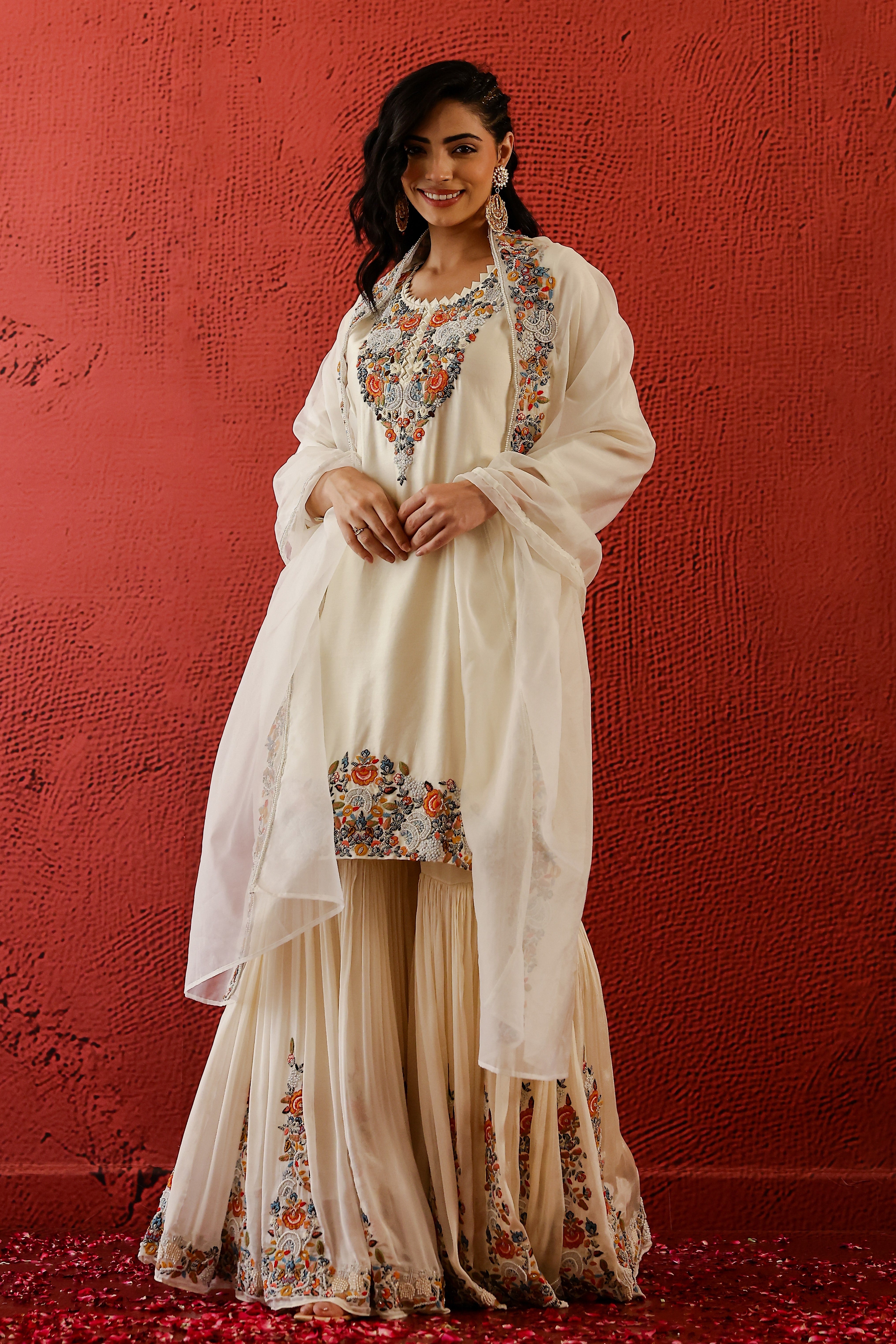 Pastel Cream Embroidered Spanish Silk Sharara Set