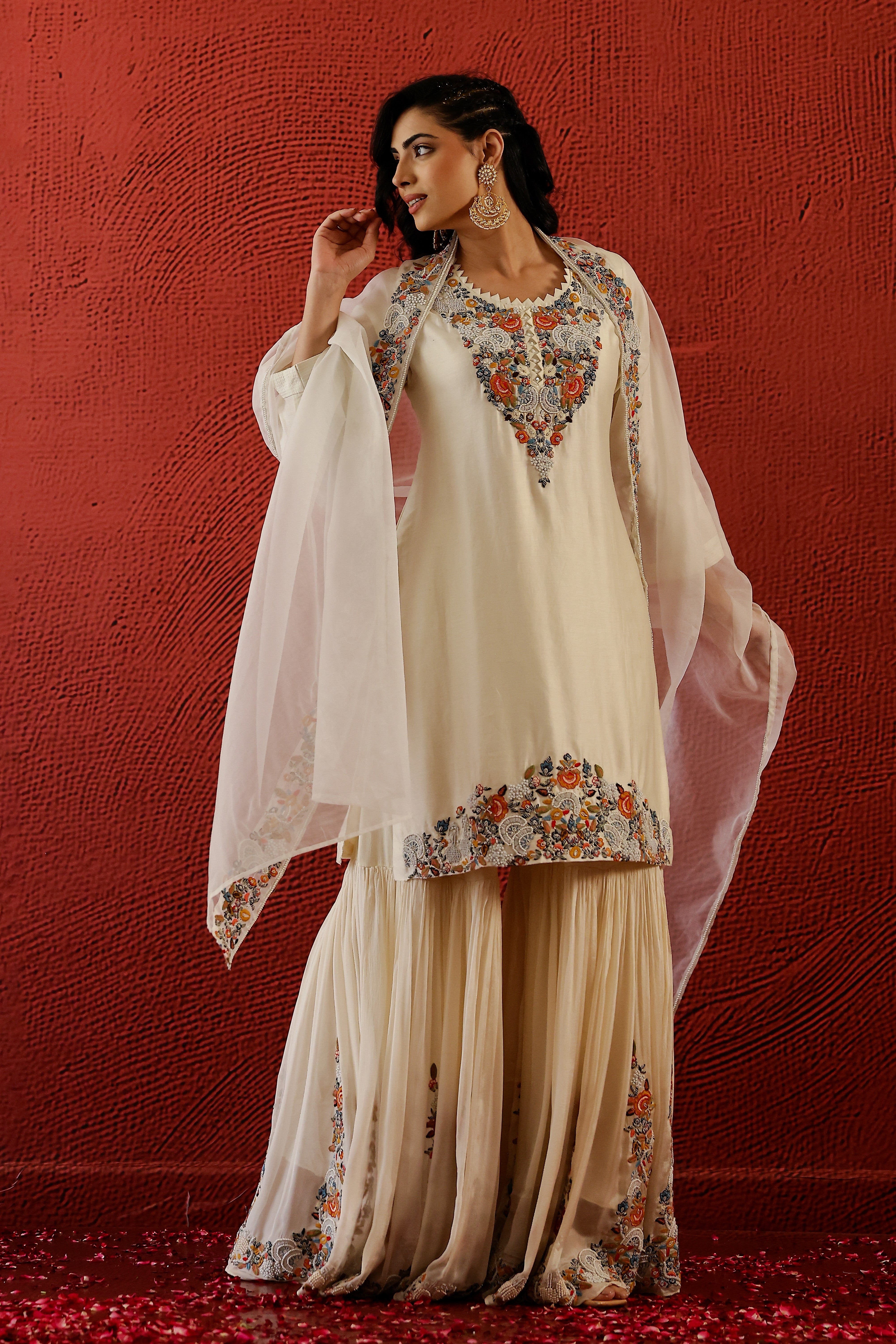 Pastel Cream Embroidered Spanish Silk Sharara Set