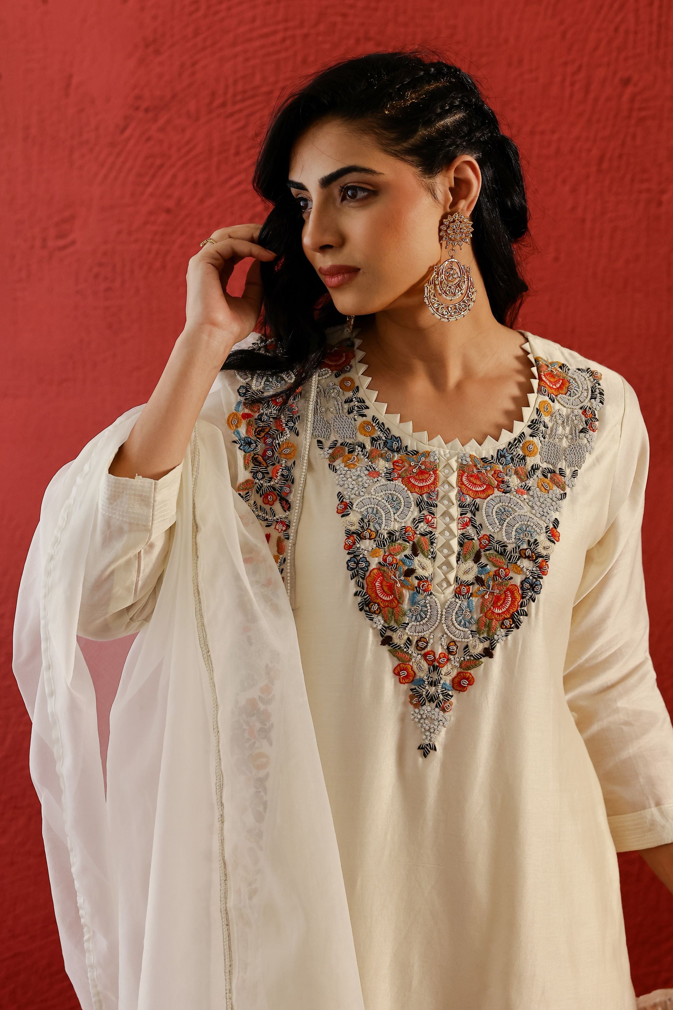 Pastel Cream Embroidered Spanish Silk Sharara Set