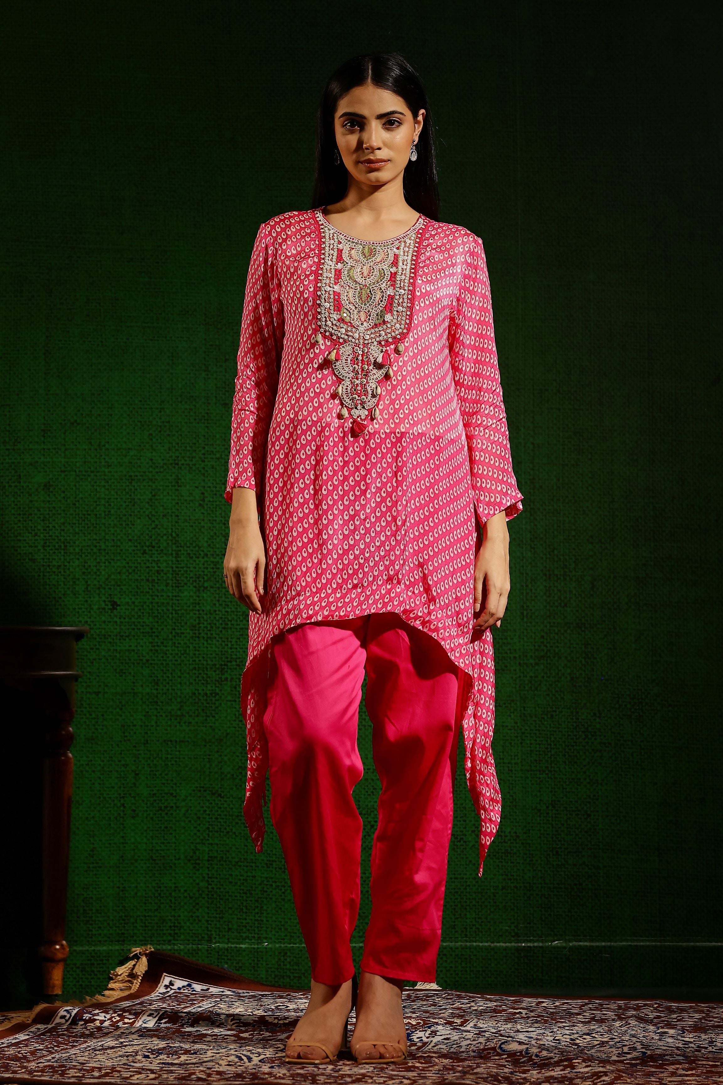 Bright Pink Printed Chiffon Silk Pants Set