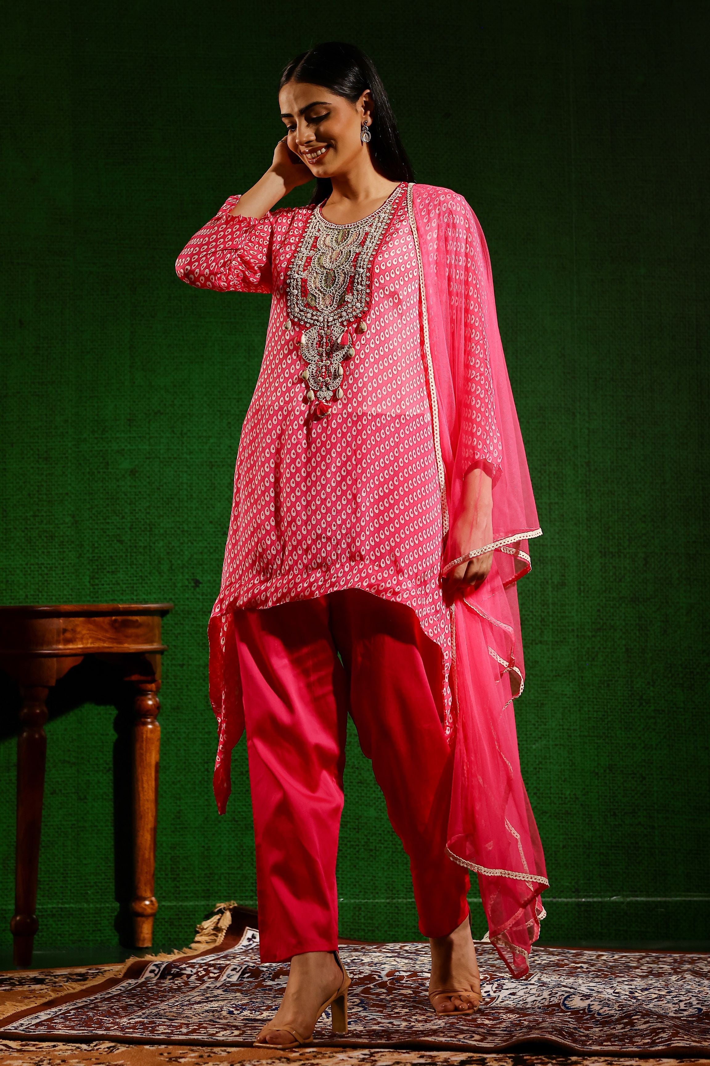 Bright Pink Printed Chiffon Silk Pants Set