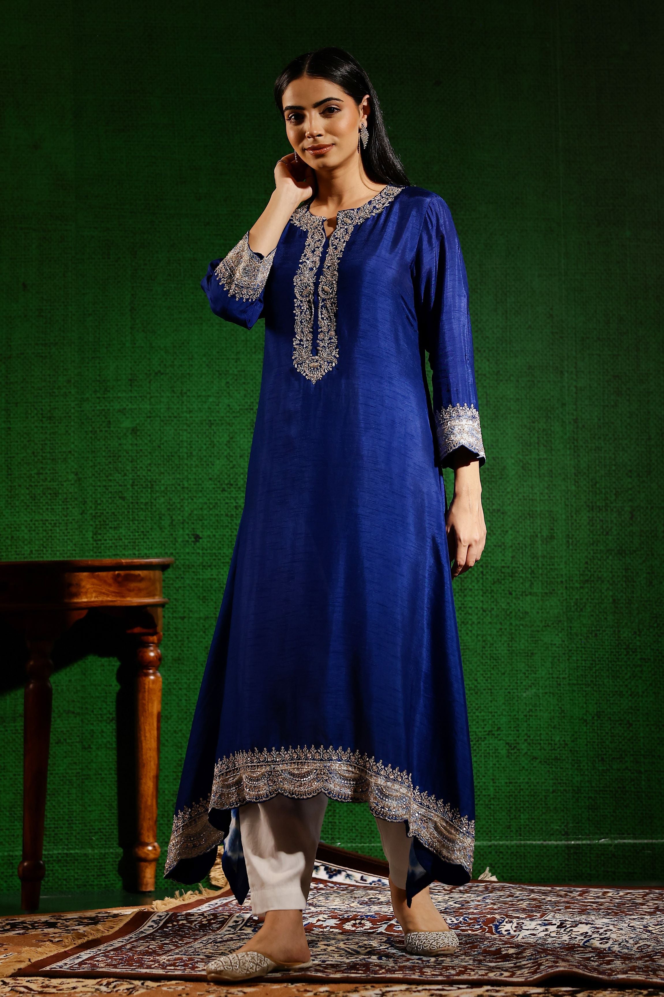 Deep Blue Embellished Raw Silk Kurta Set