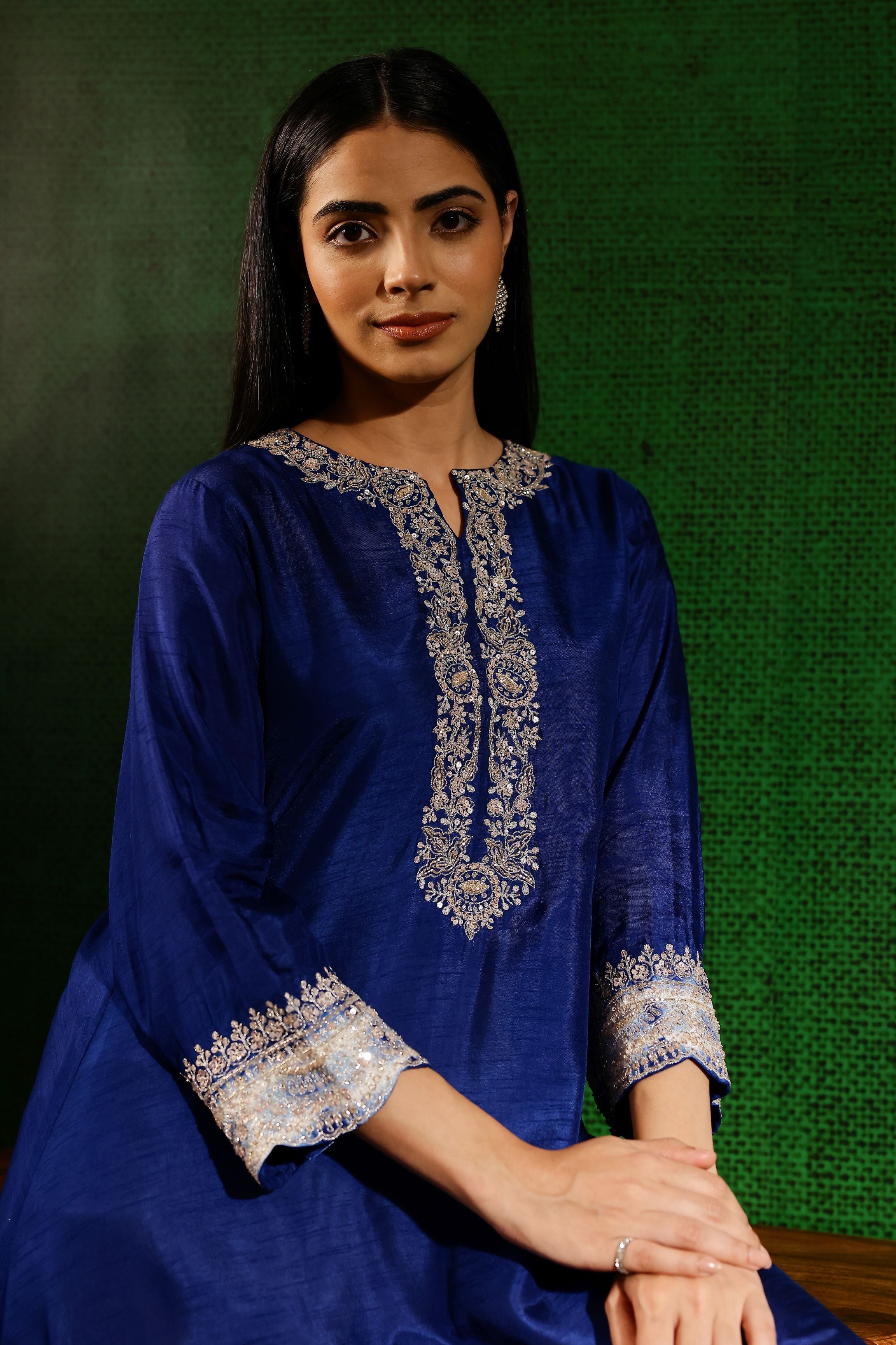 Deep Blue Embellished Raw Silk Kurta Set