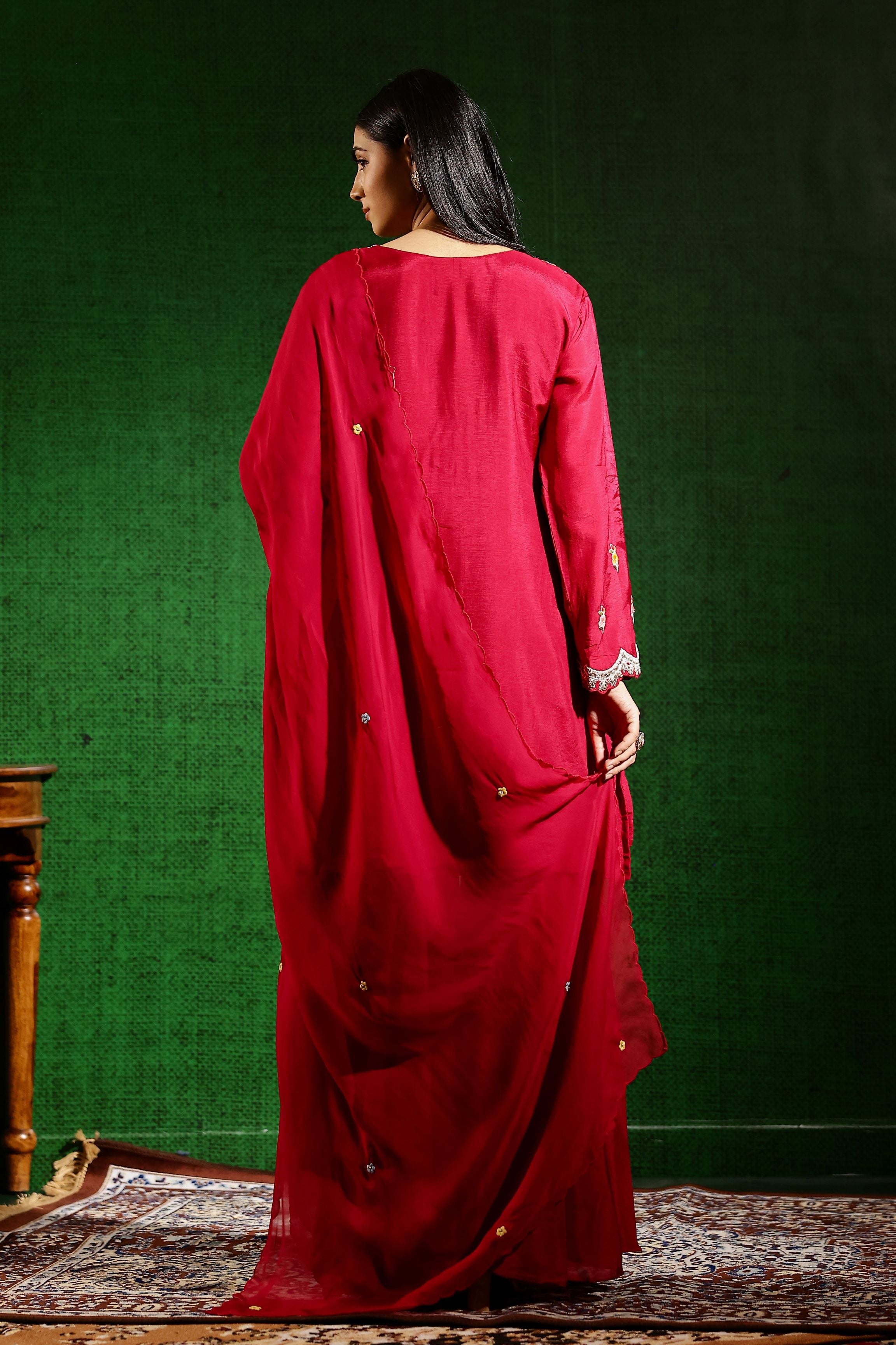 Ruby Red Embroidered German Silk Sharara Set