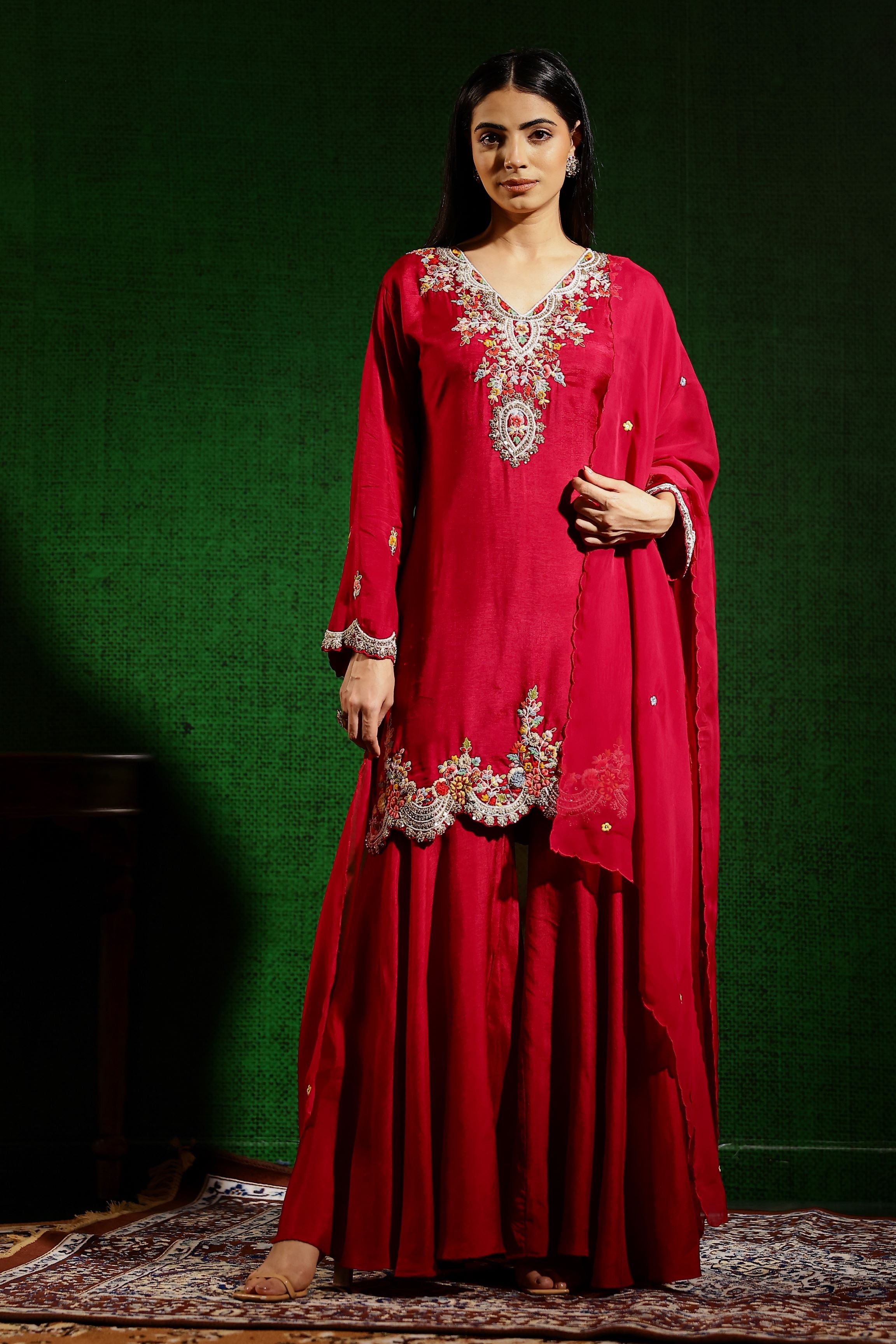 Ruby Red Embroidered German Silk Sharara Set