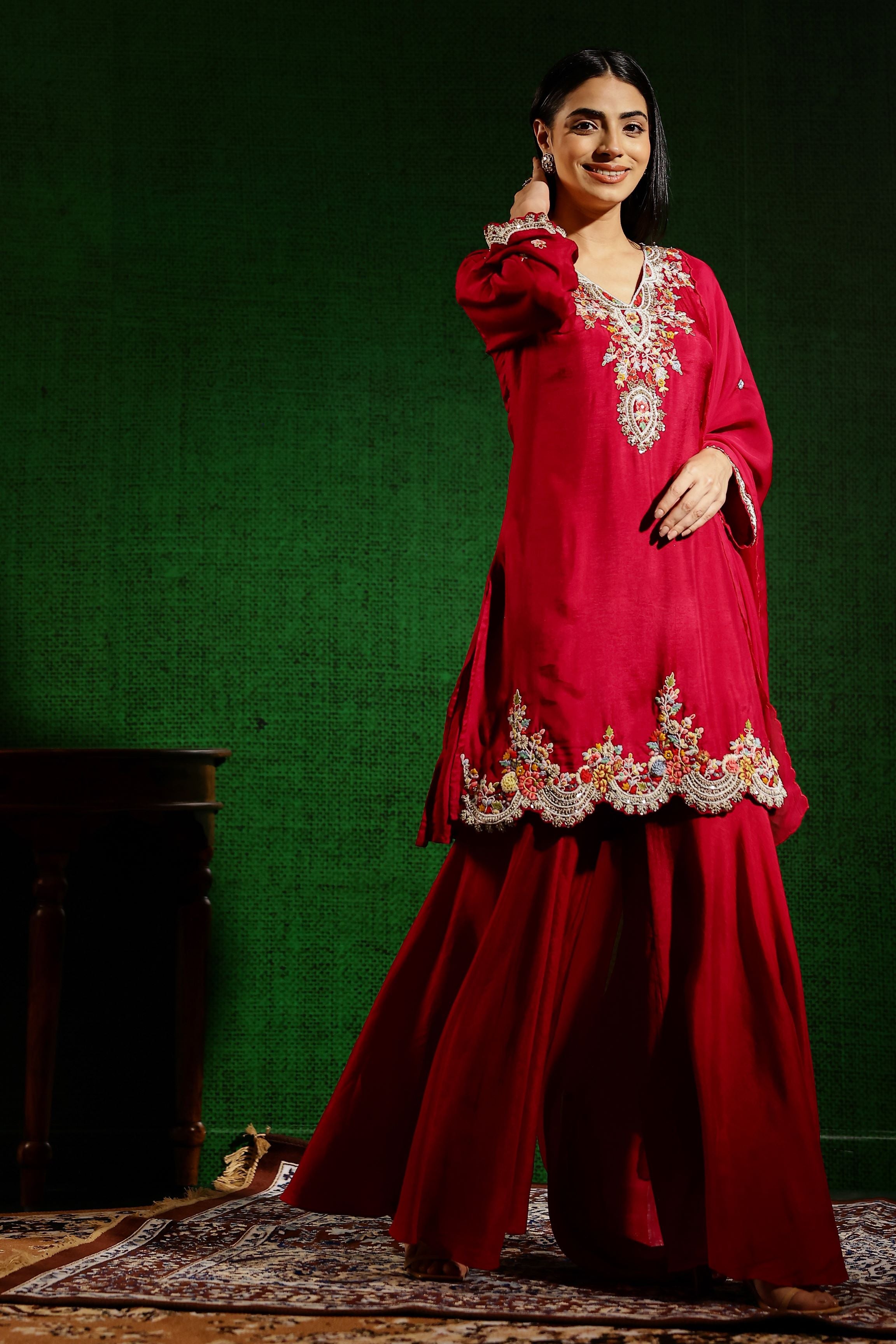 Ruby Red Embroidered German Silk Sharara Set