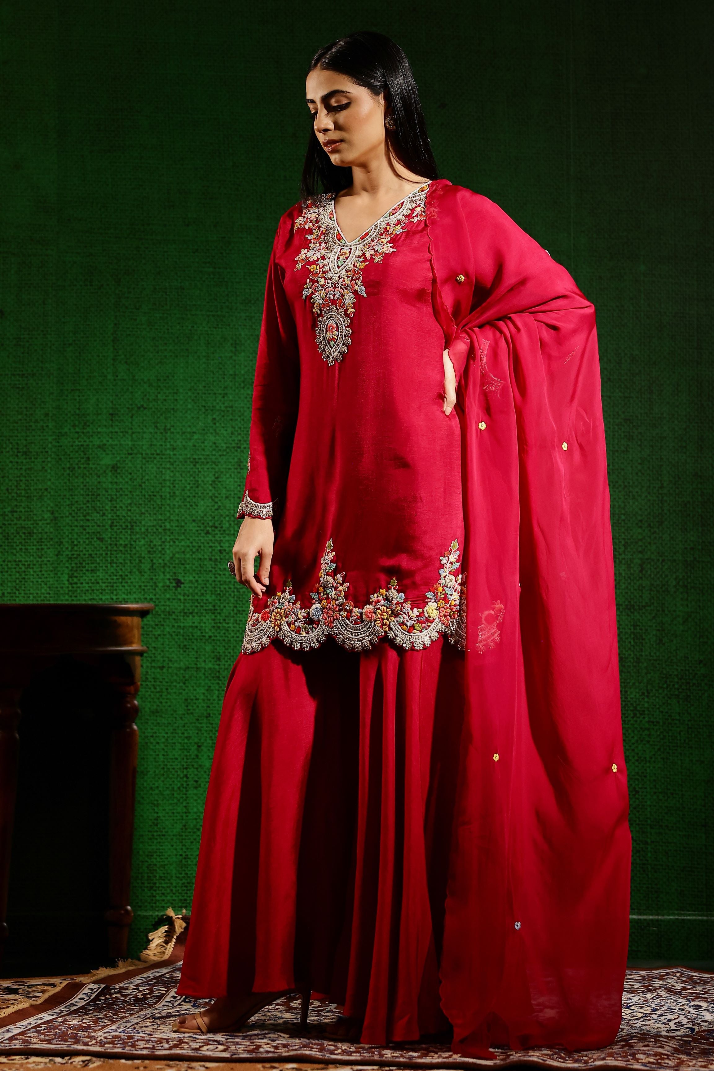 Ruby Red Embroidered German Silk Sharara Set