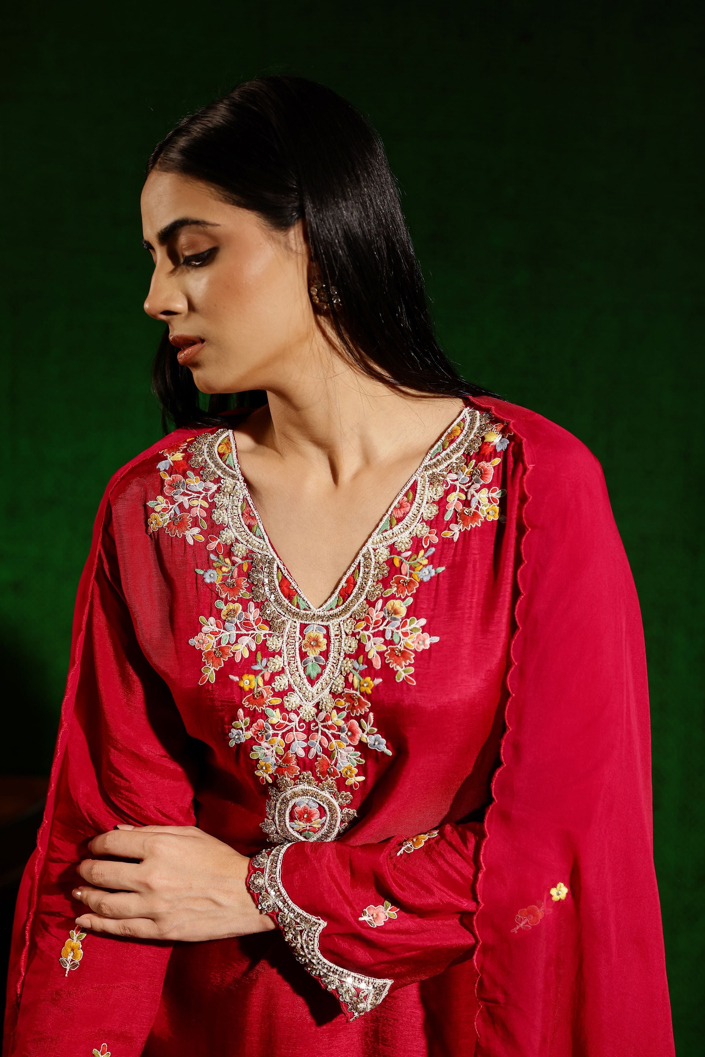 Ruby Red Embroidered German Silk Sharara Set