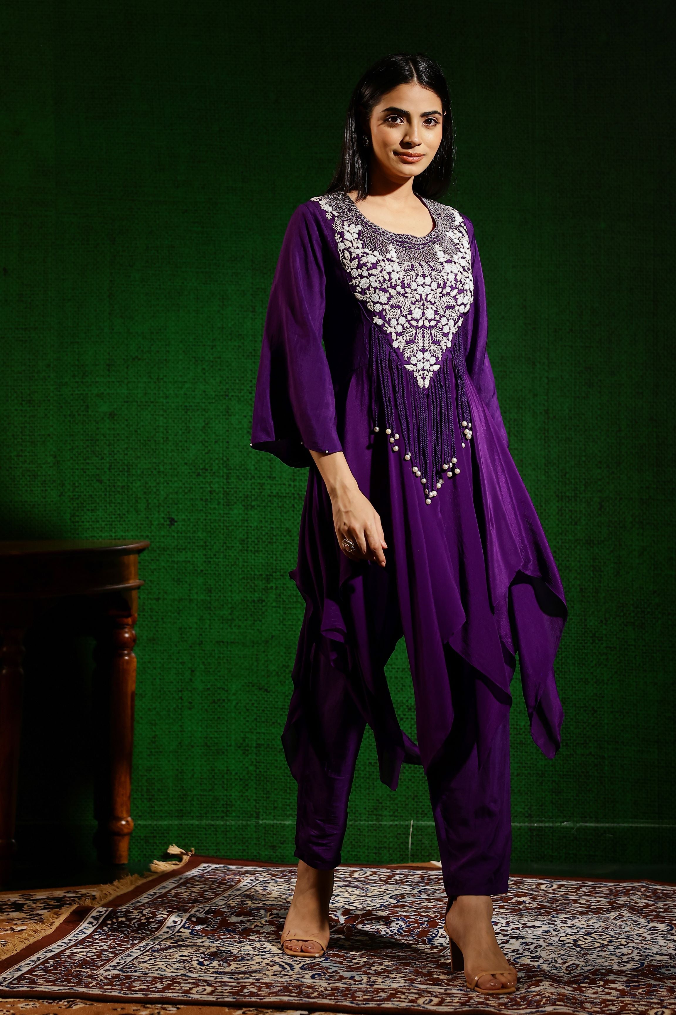 Purple Embroidered Raw Silk Pants Set