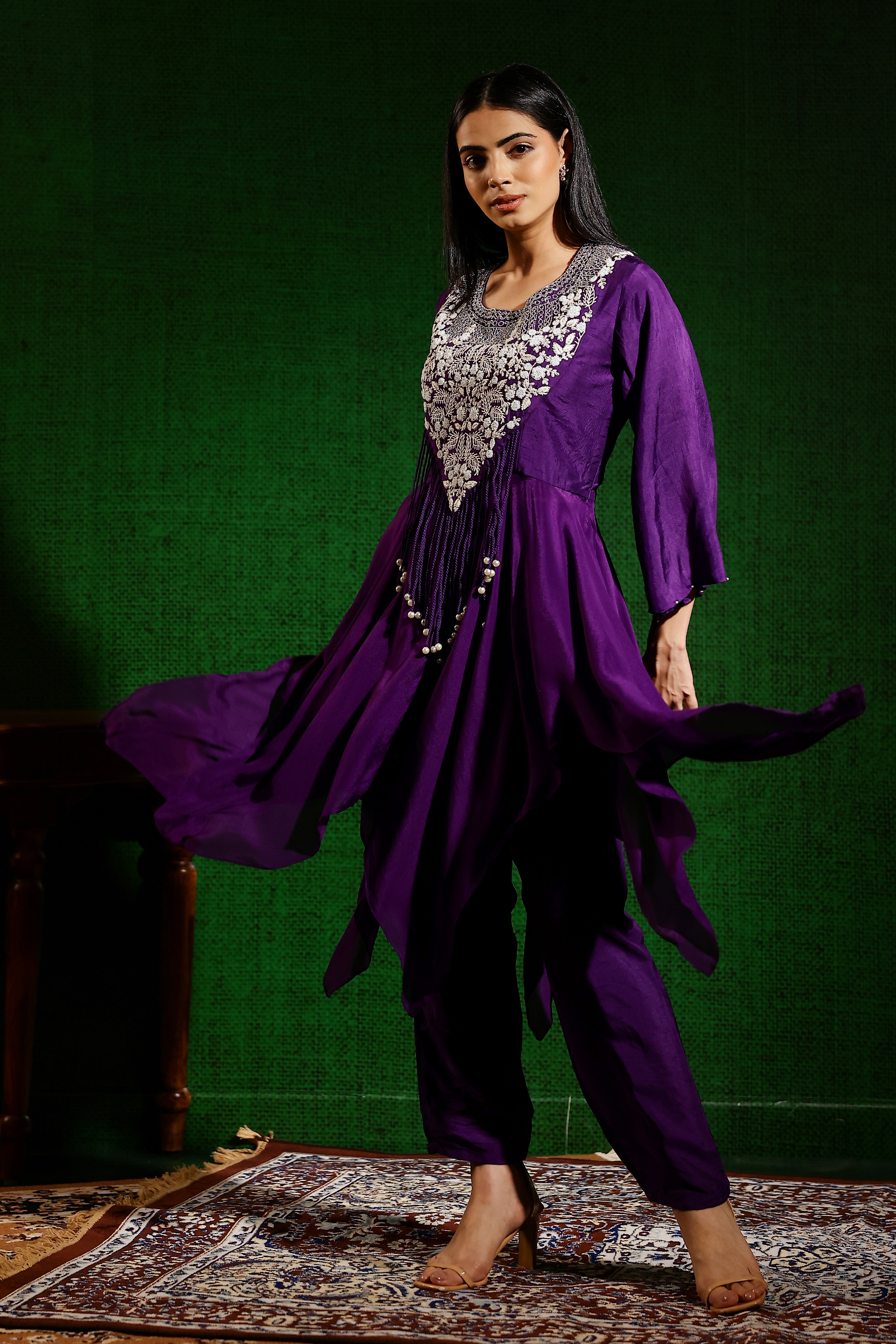 Purple Embroidered Raw Silk Pants Set