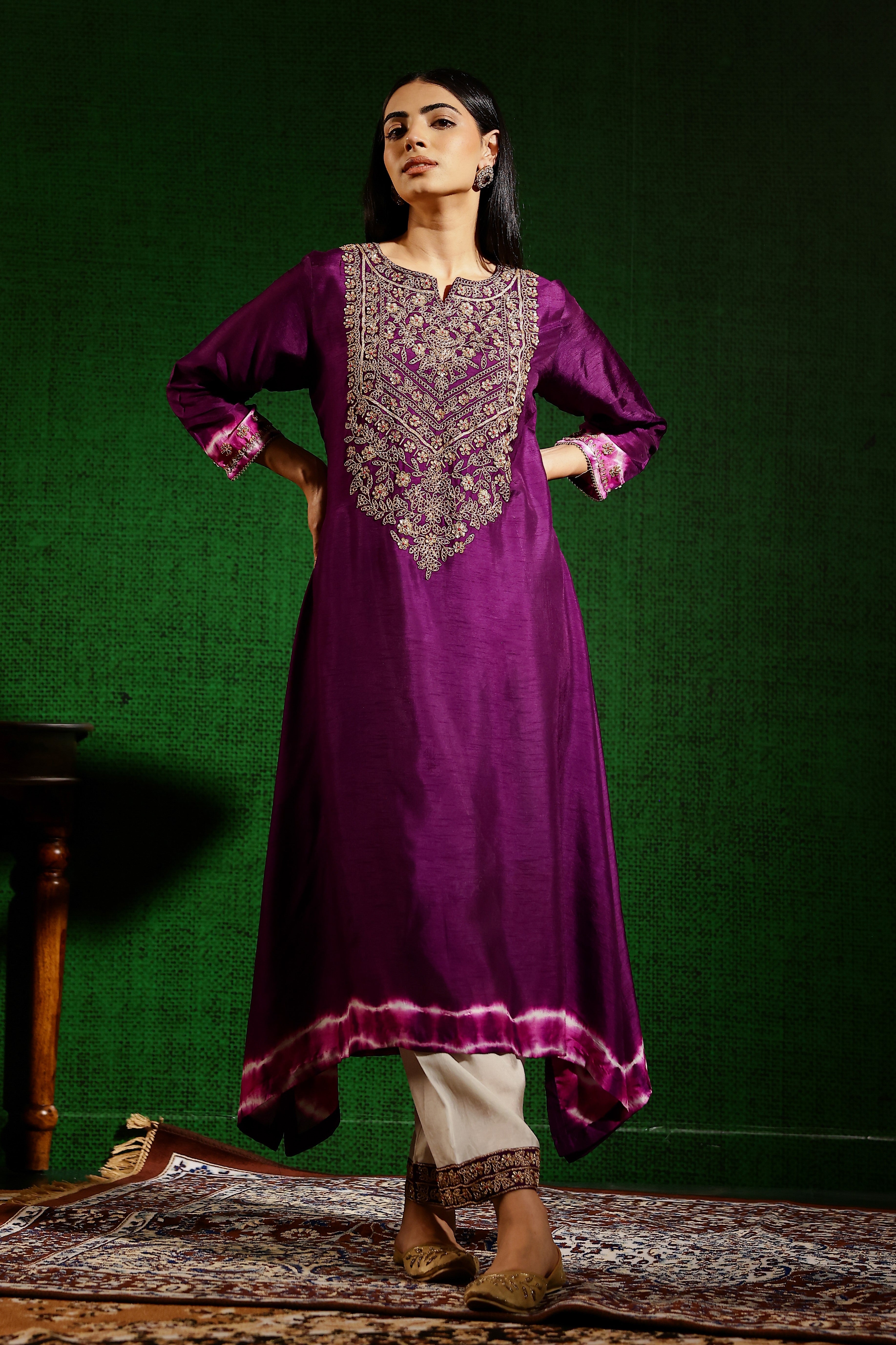 Purple Embroidered Raw Silk Kurta Set