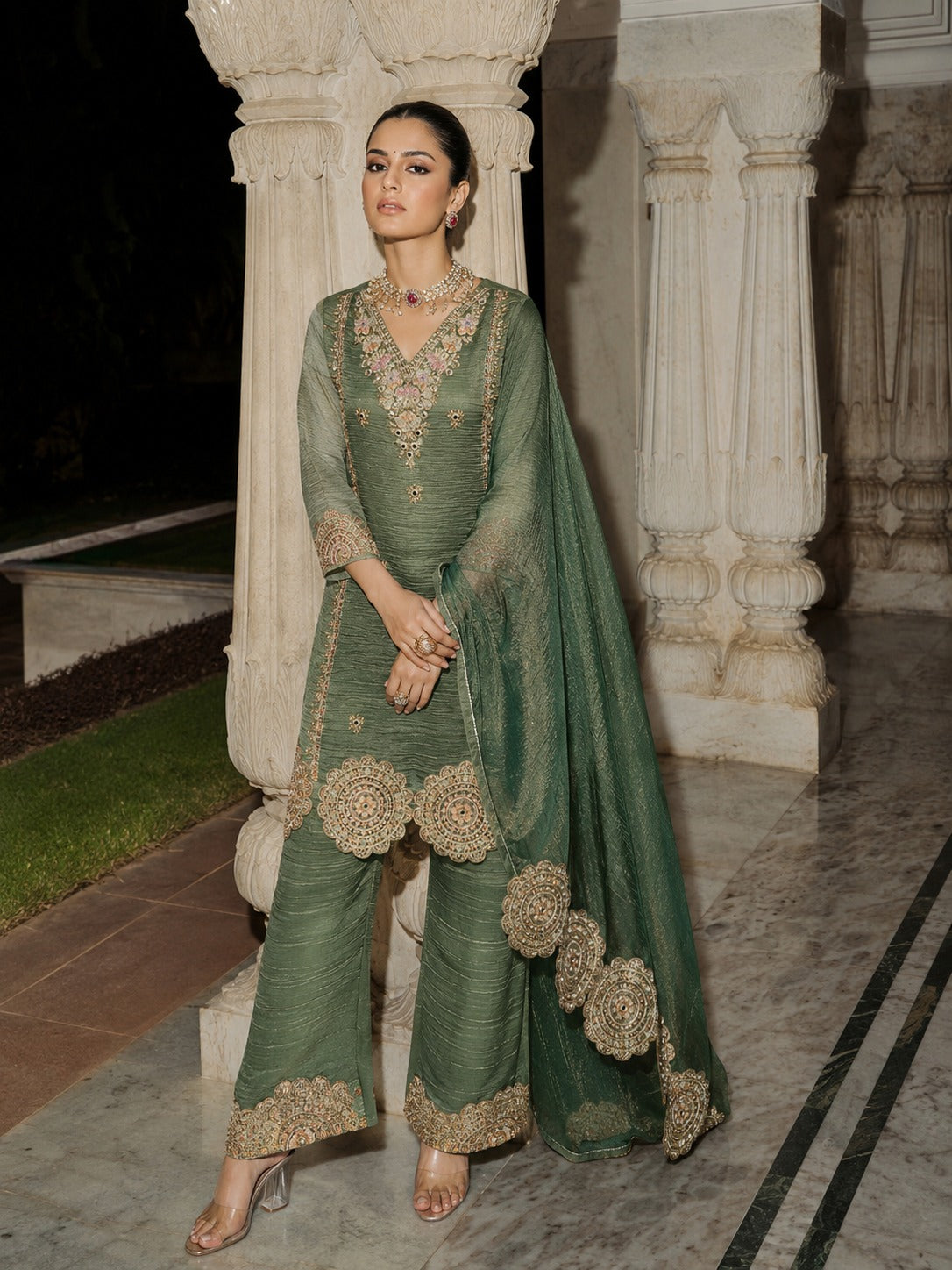 Moss Embellished Shimmer Tissue Silk Pant Set