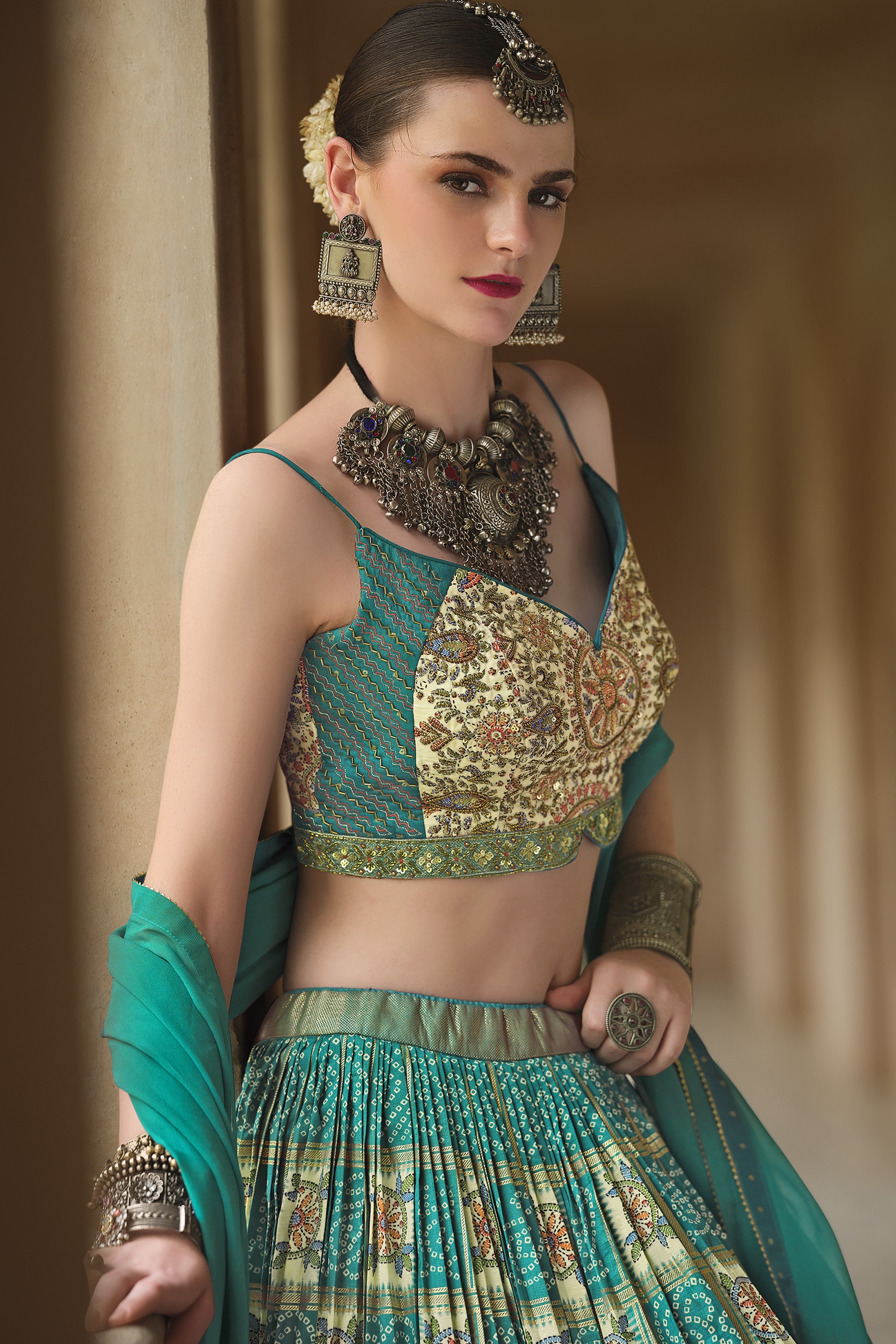 Teal Bandhani Printed Premium Silk Lehenga Set