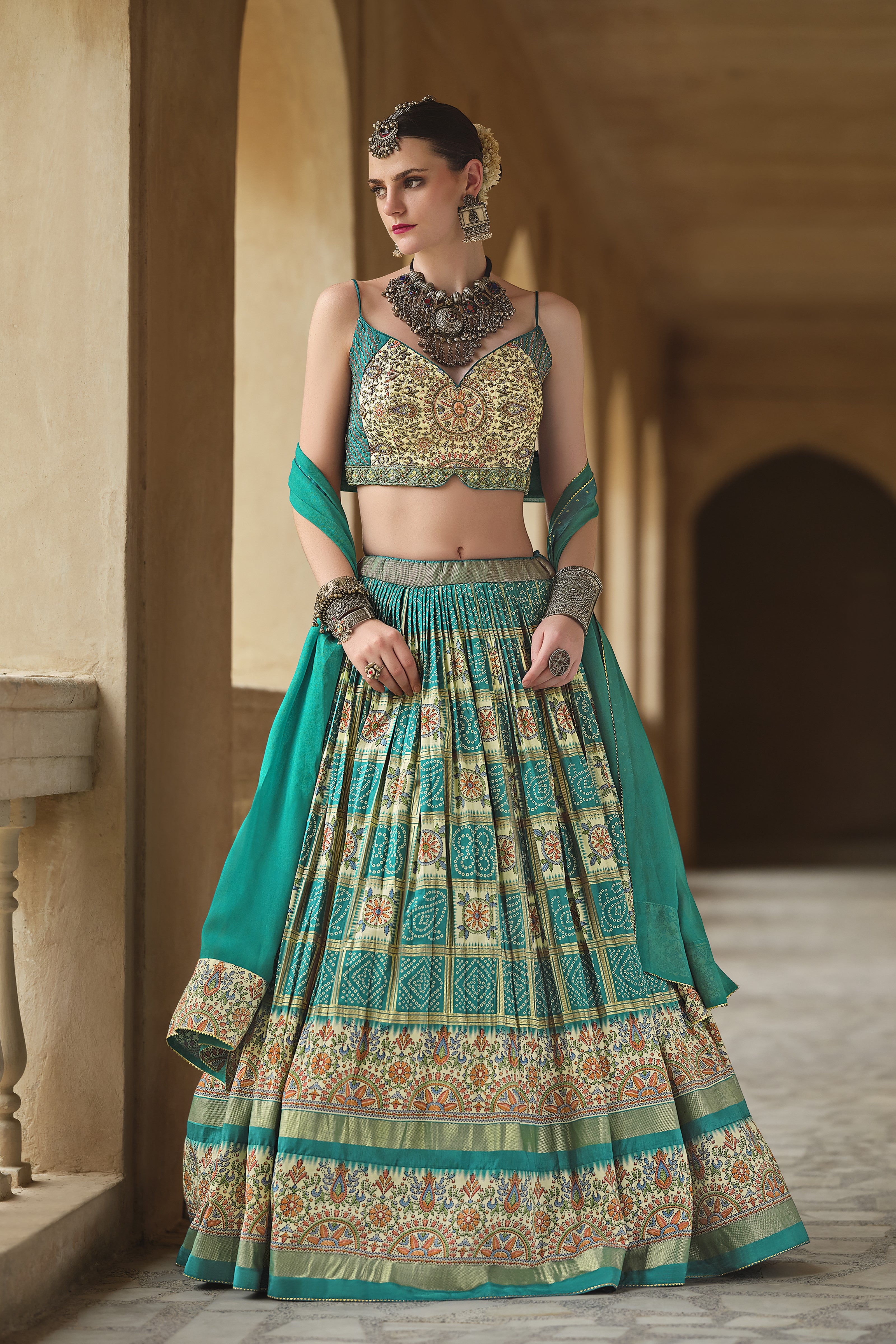 Teal Bandhani Printed Premium Silk Lehenga Set