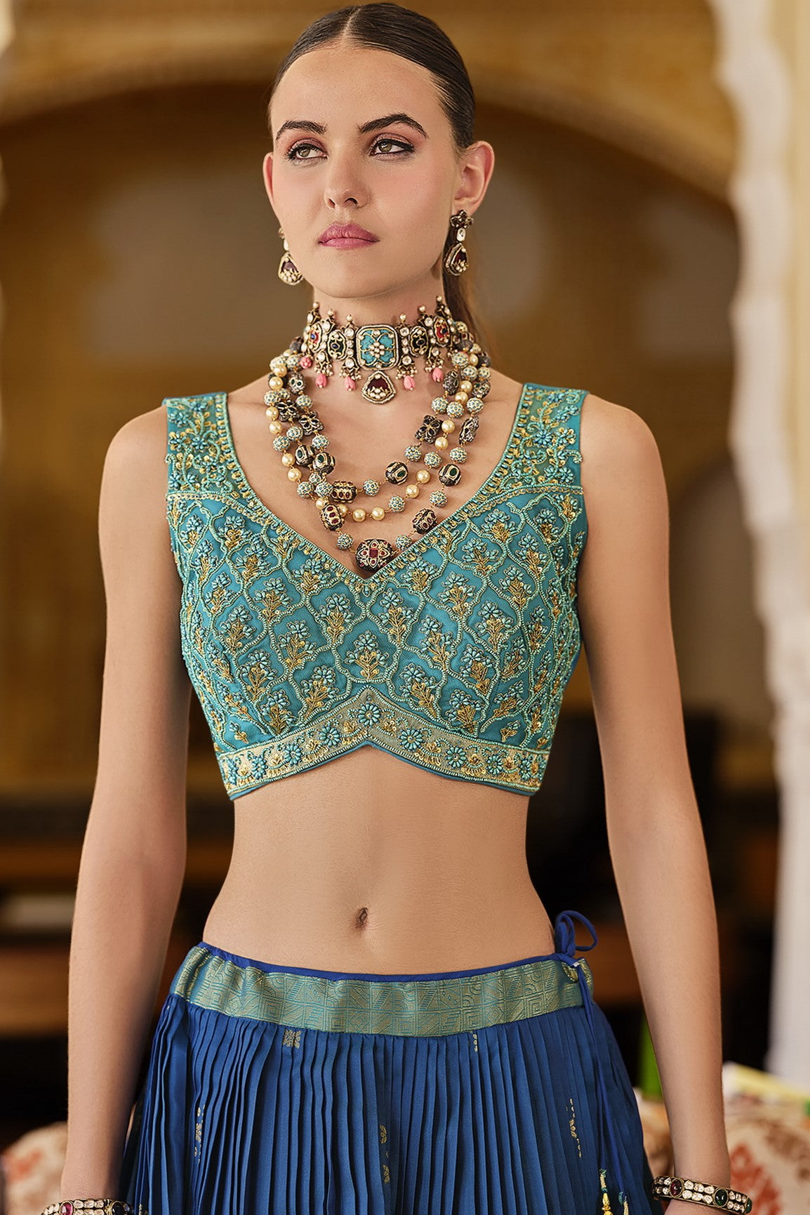 Teal Blue Golden Banarasi Silk Lehenga Set