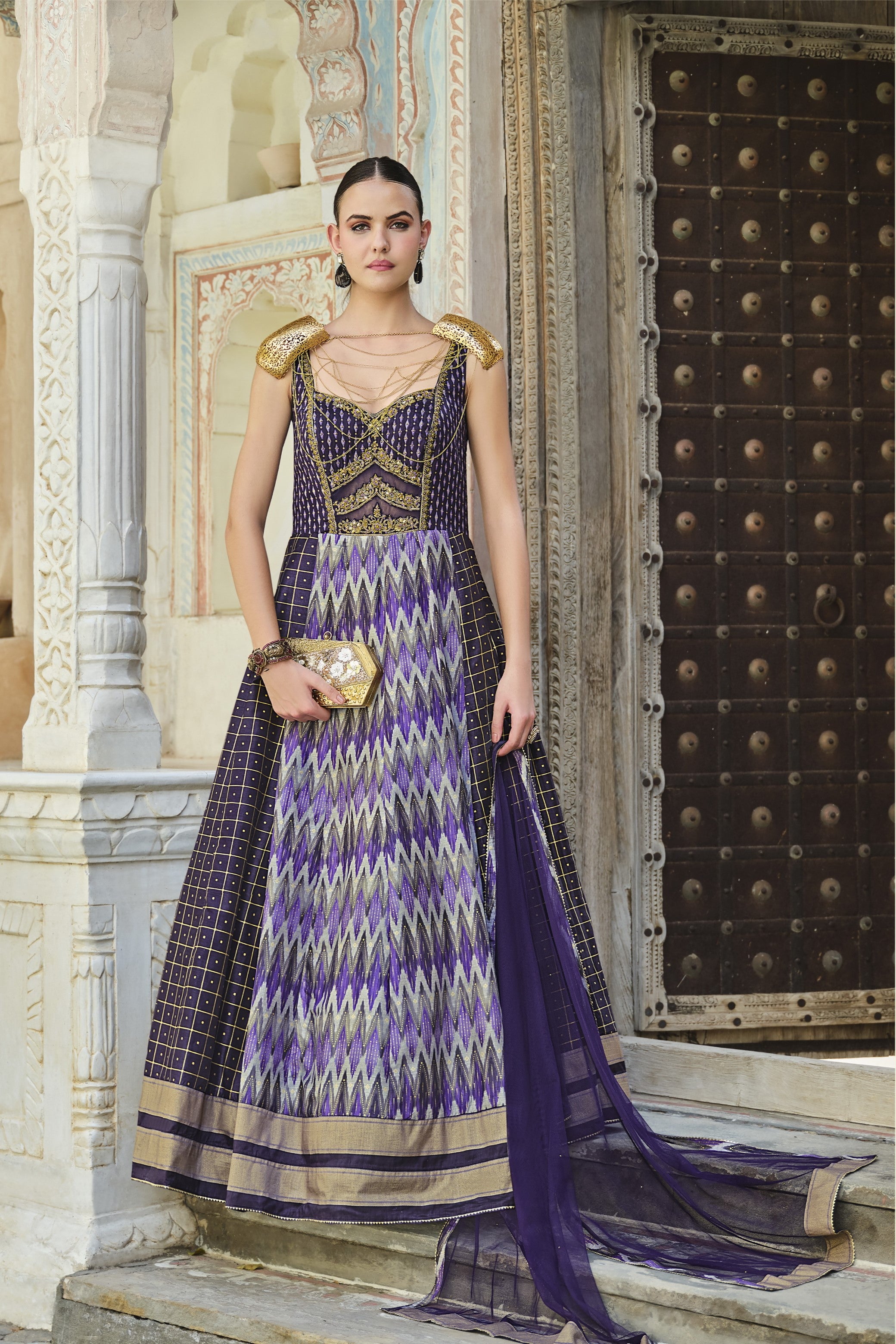 Purple Embellished Premium Silk Anarkali Set