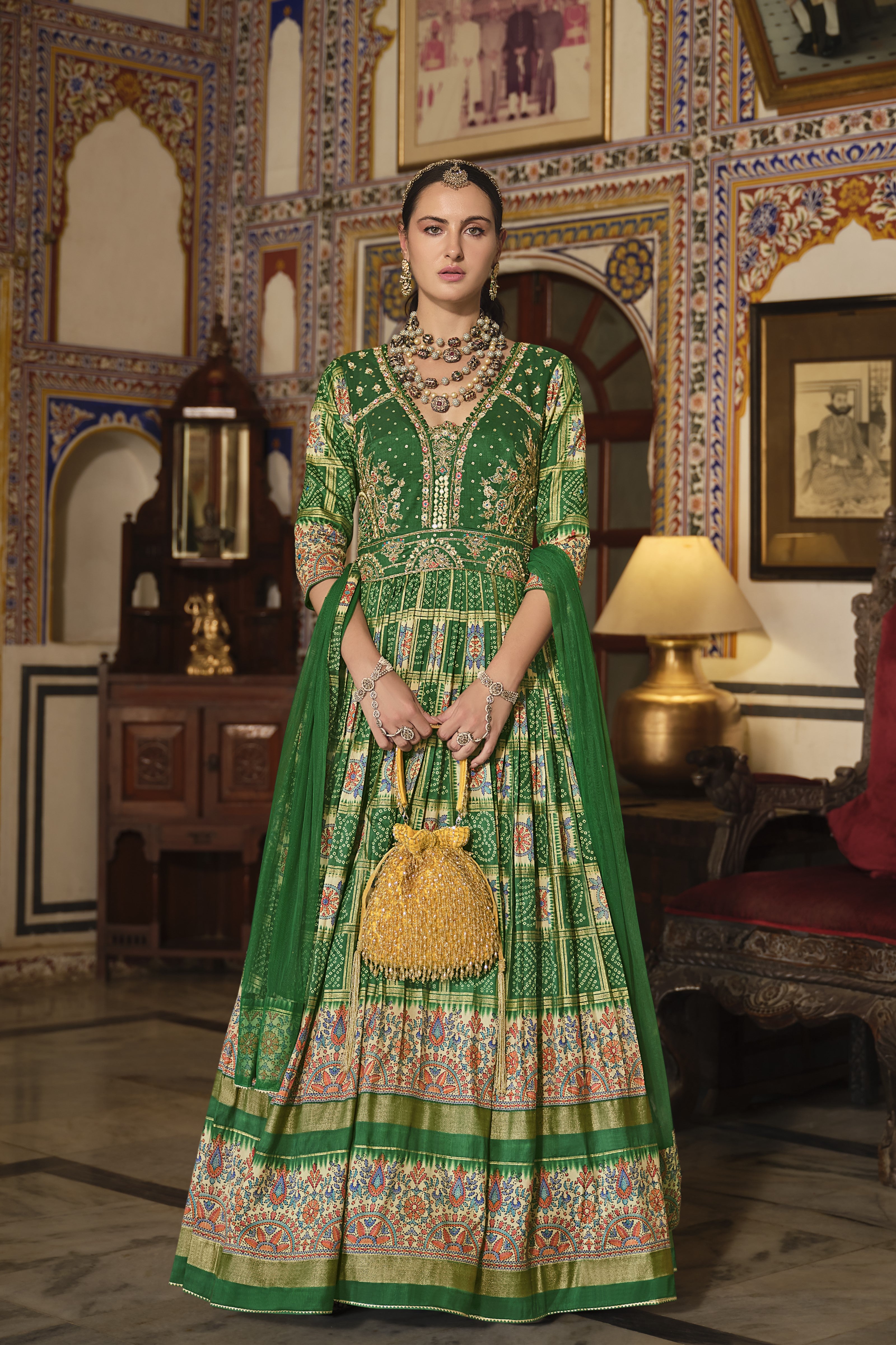 Green Bandhani Printed Premium Silk Anarkali Set