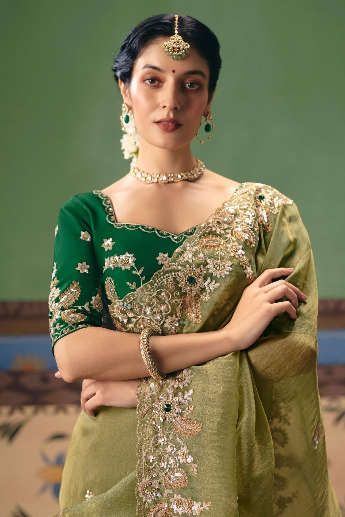 Light Olive Embellished Tissue Organza Silk Saree