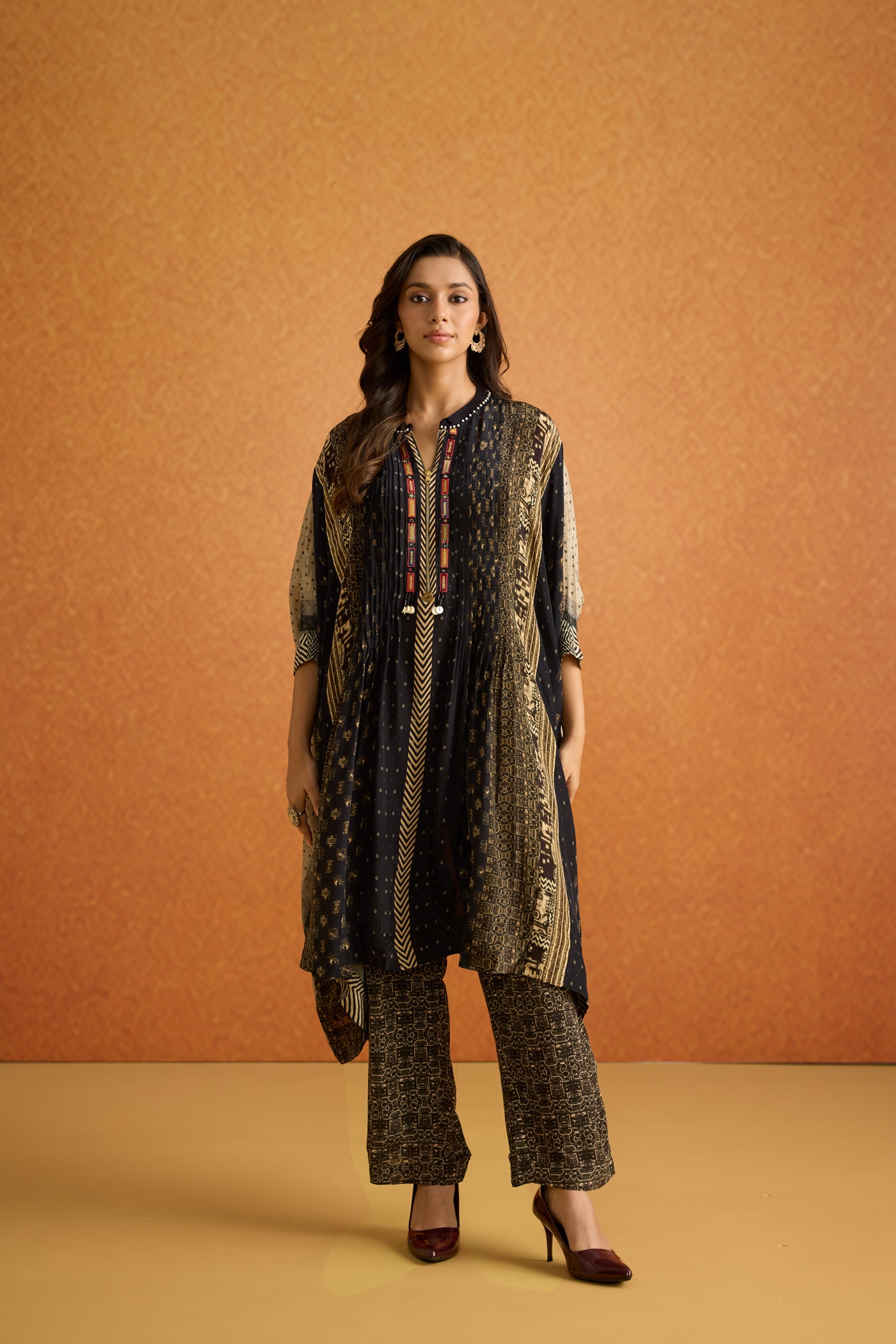 Charcoal Black Embellished Crepe Silk Kaftan Set