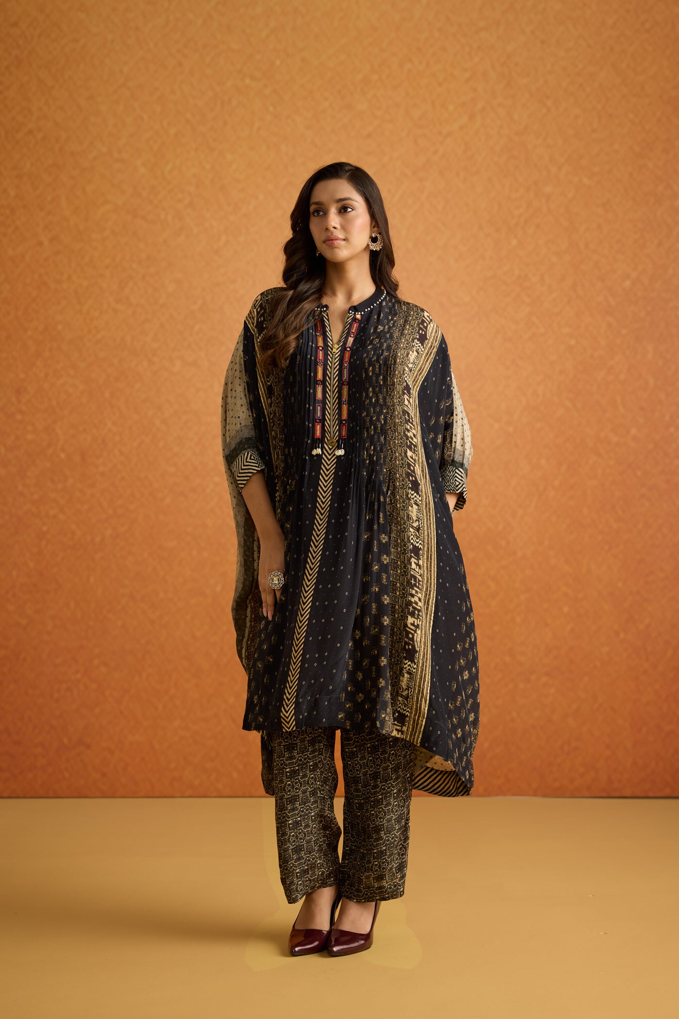 Charcoal Black Embellished Crepe Silk Kaftan Set
