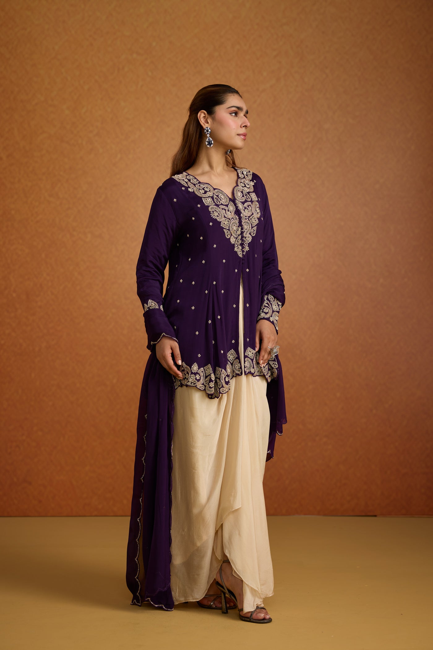 Royal Plum Embellished Crepe Silk Skirt Set