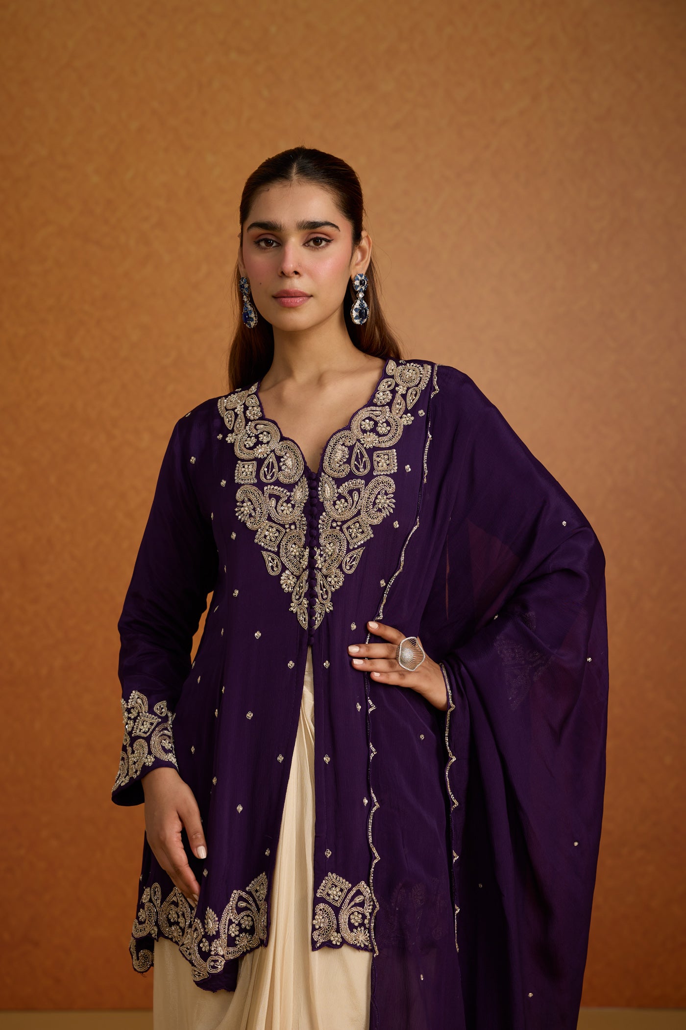 Royal Plum Embellished Crepe Silk Skirt Set