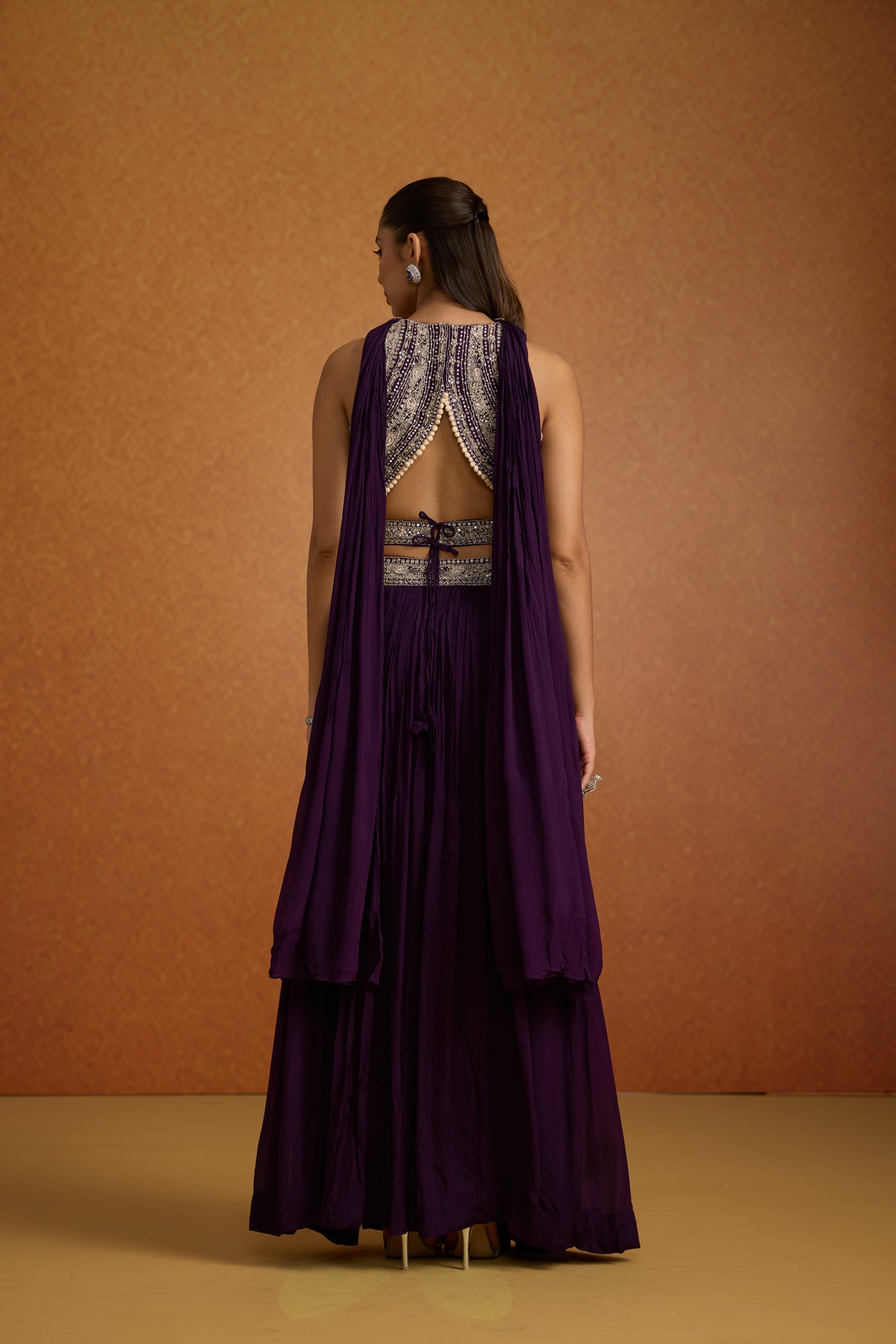Deep Purple Embellished Georgette Silk Skirt Set