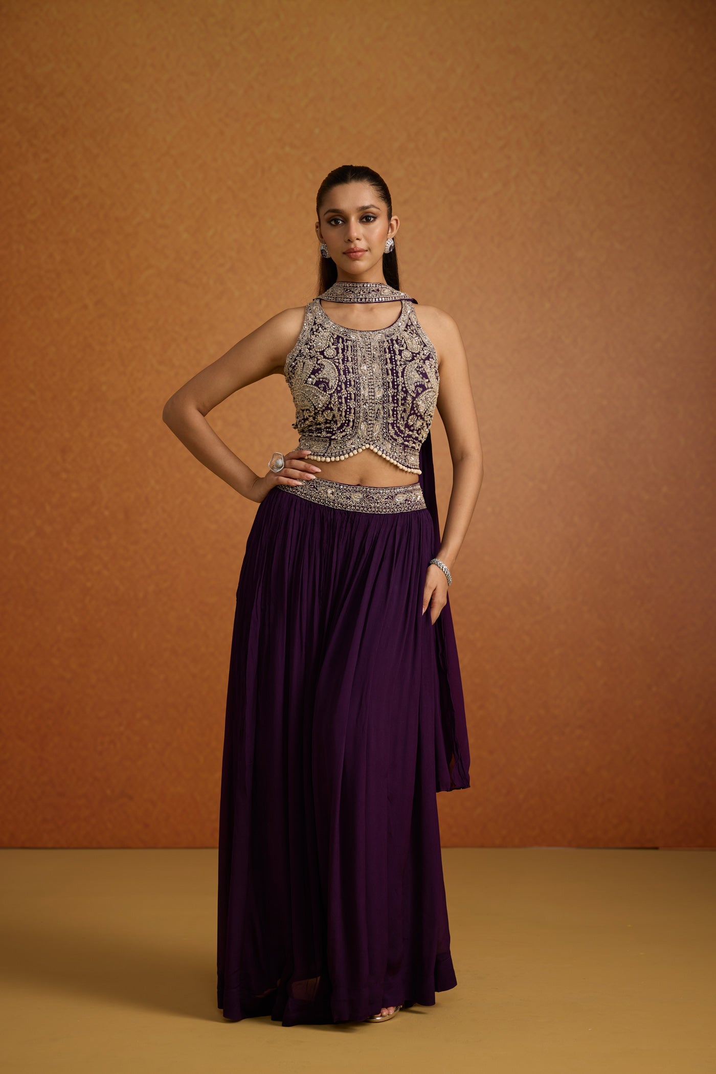 Deep Purple Embellished Georgette Silk Skirt Set